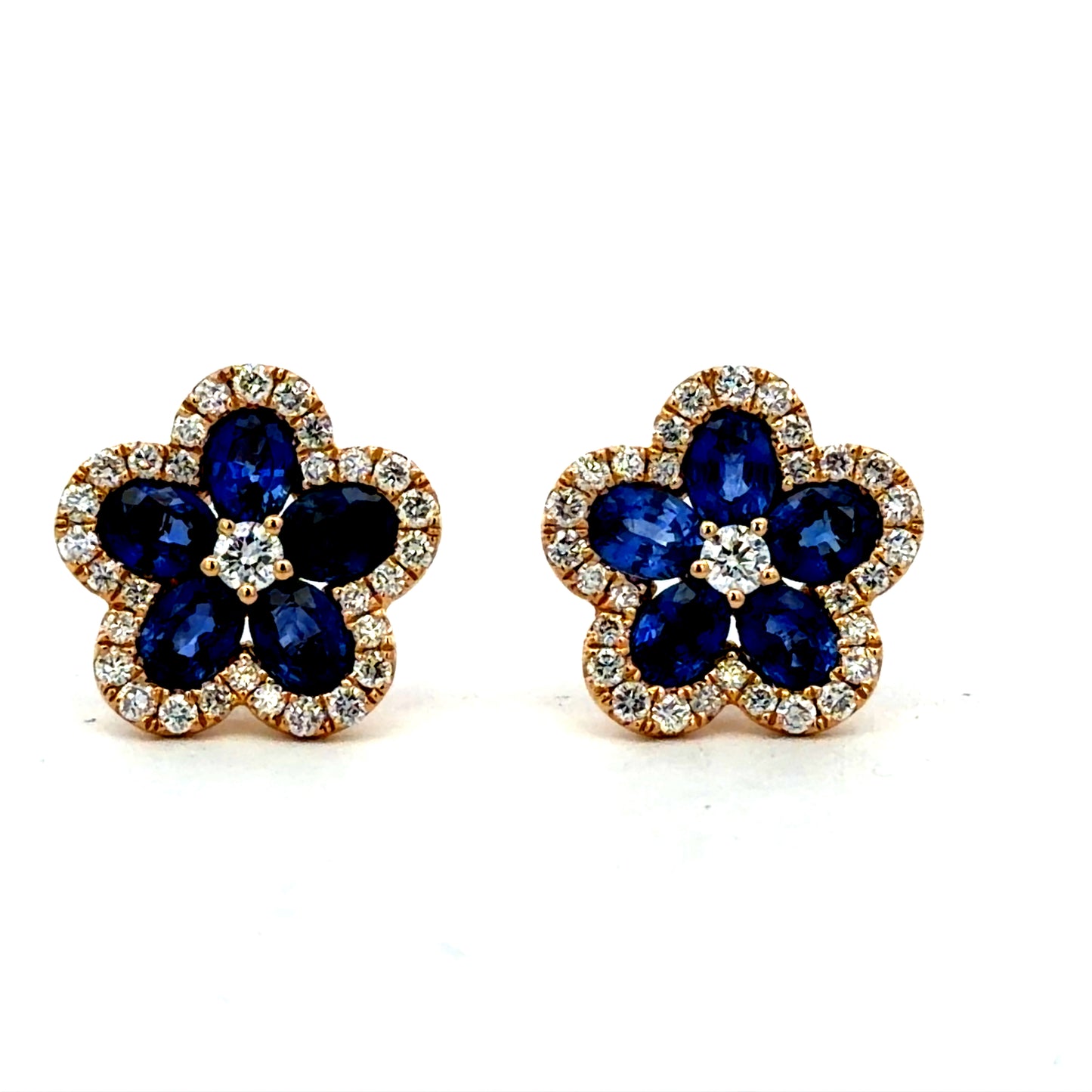 Front view of 18k Yellow Gold Royal Blue Sapphire Floral Halo Stud Earrings