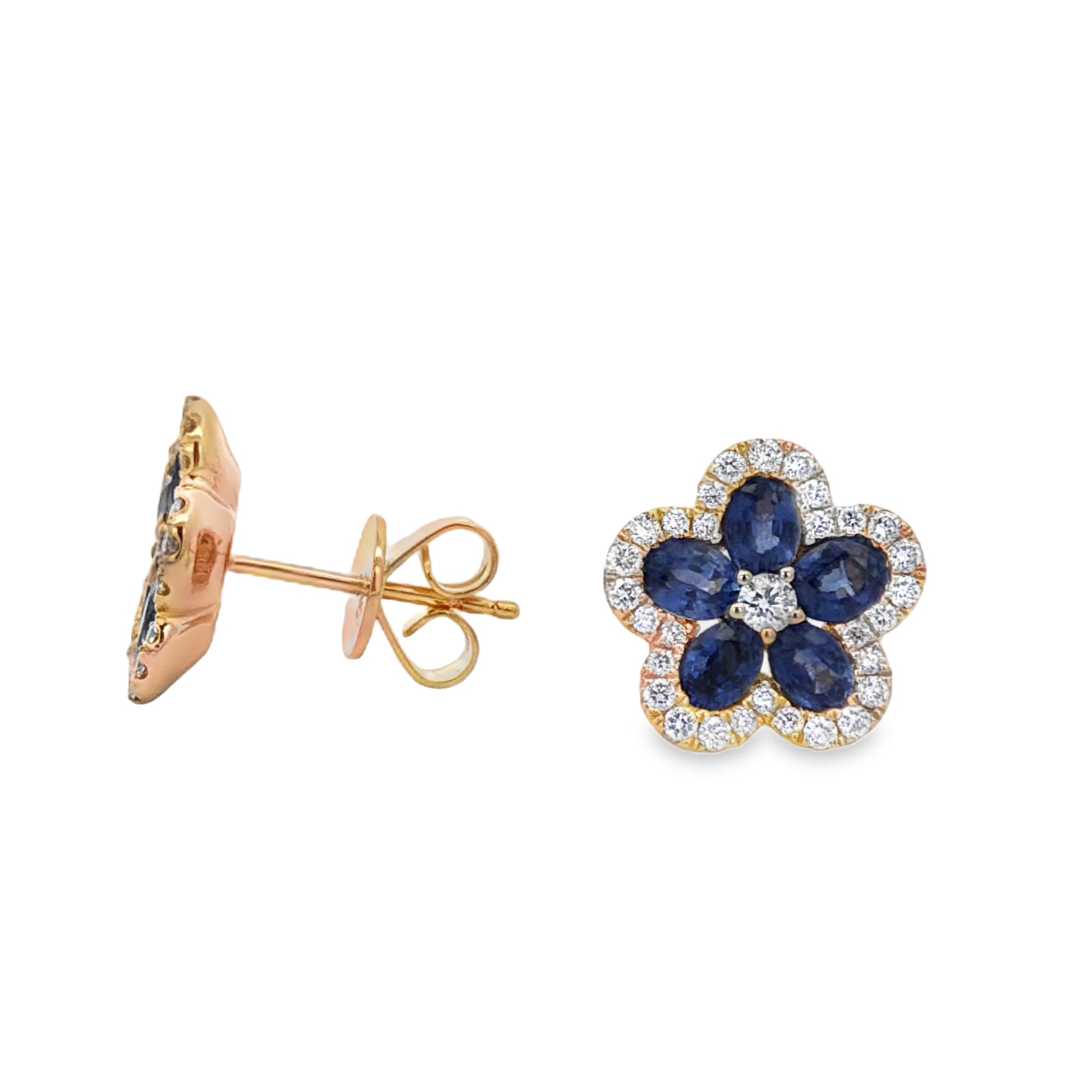 Front and side view of 18k Yellow Gold Royal Blue Sapphire Floral Halo Stud Earrings