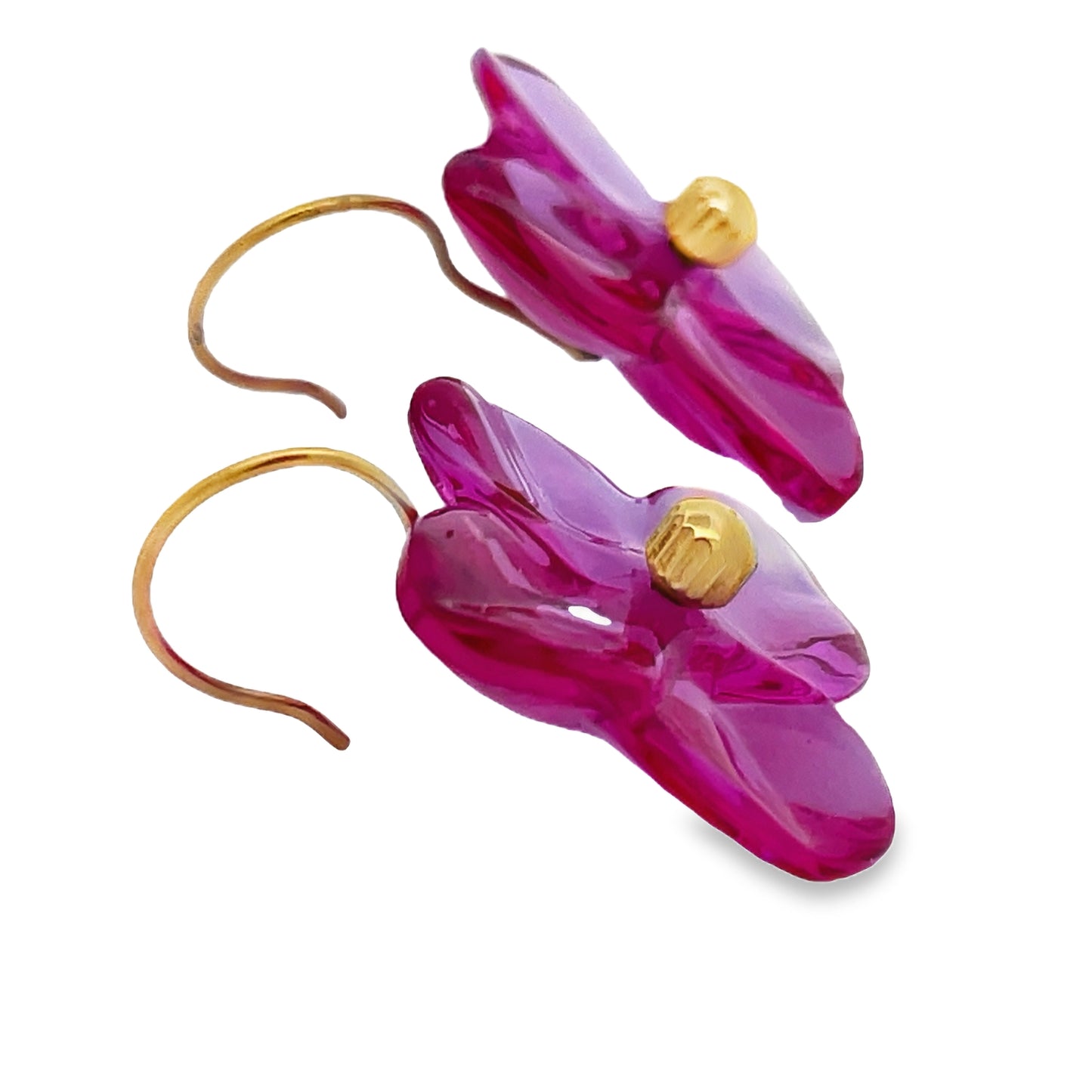 Side view of Estate Baccarat 18k Yellow Gold Flower Crystal Earrings