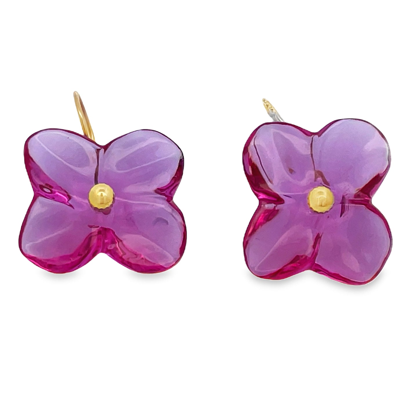 Front view of Estate Baccarat 18k Yellow Gold Flower Crystal Earrings