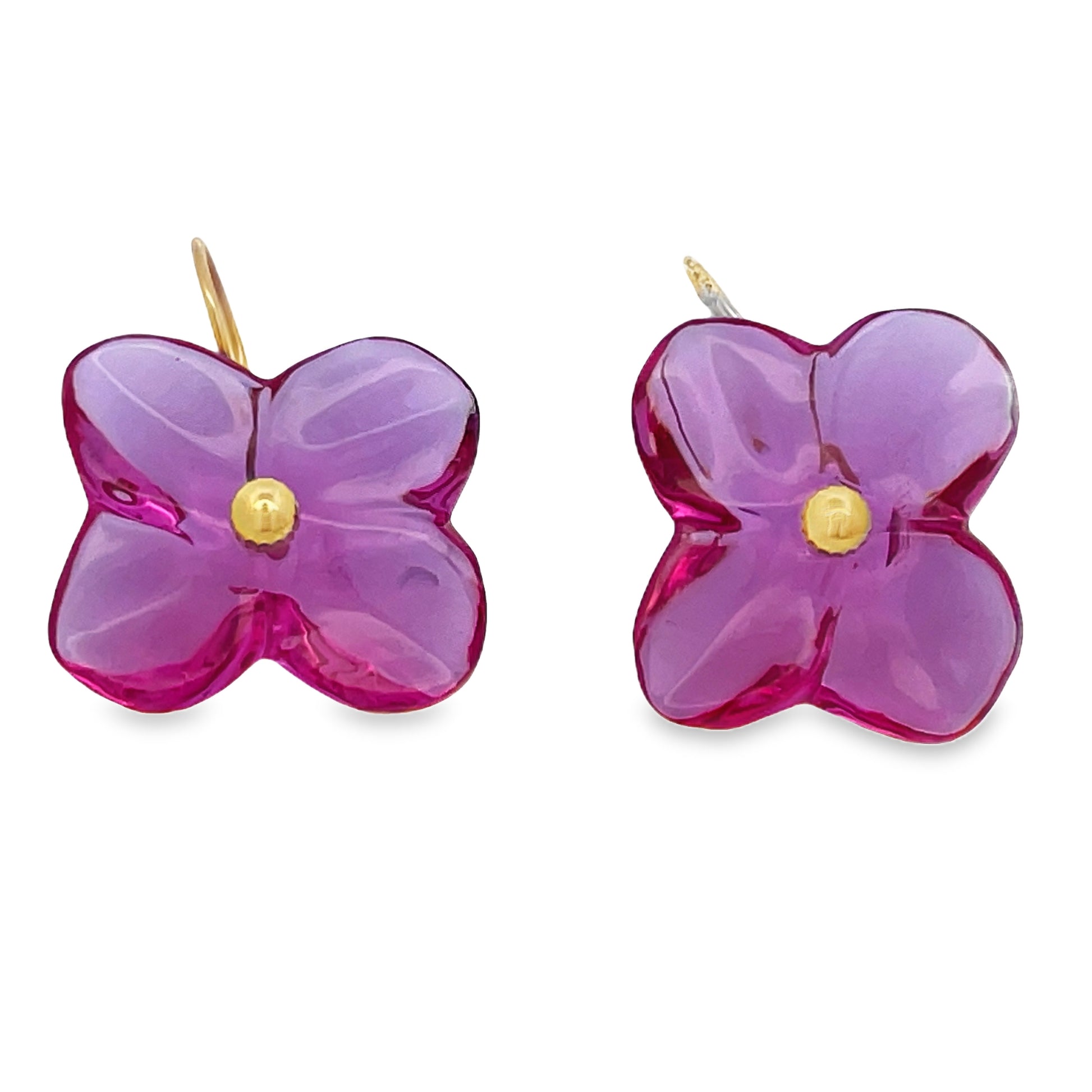 Front view of Estate Baccarat 18k Yellow Gold Flower Crystal Earrings