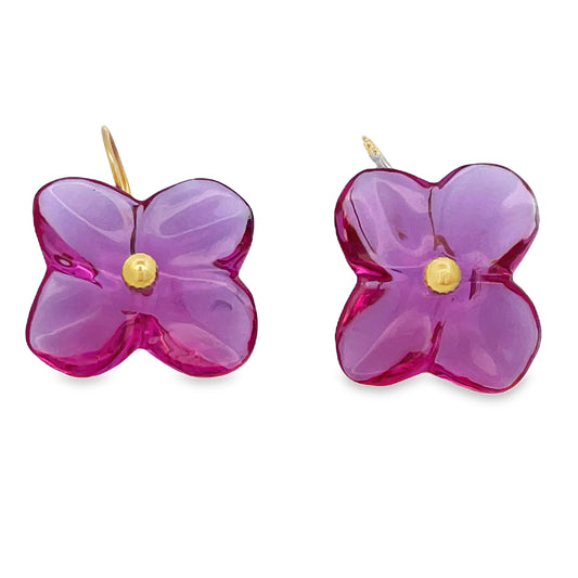 Front view of Estate Baccarat 18k Yellow Gold Flower Crystal Earrings