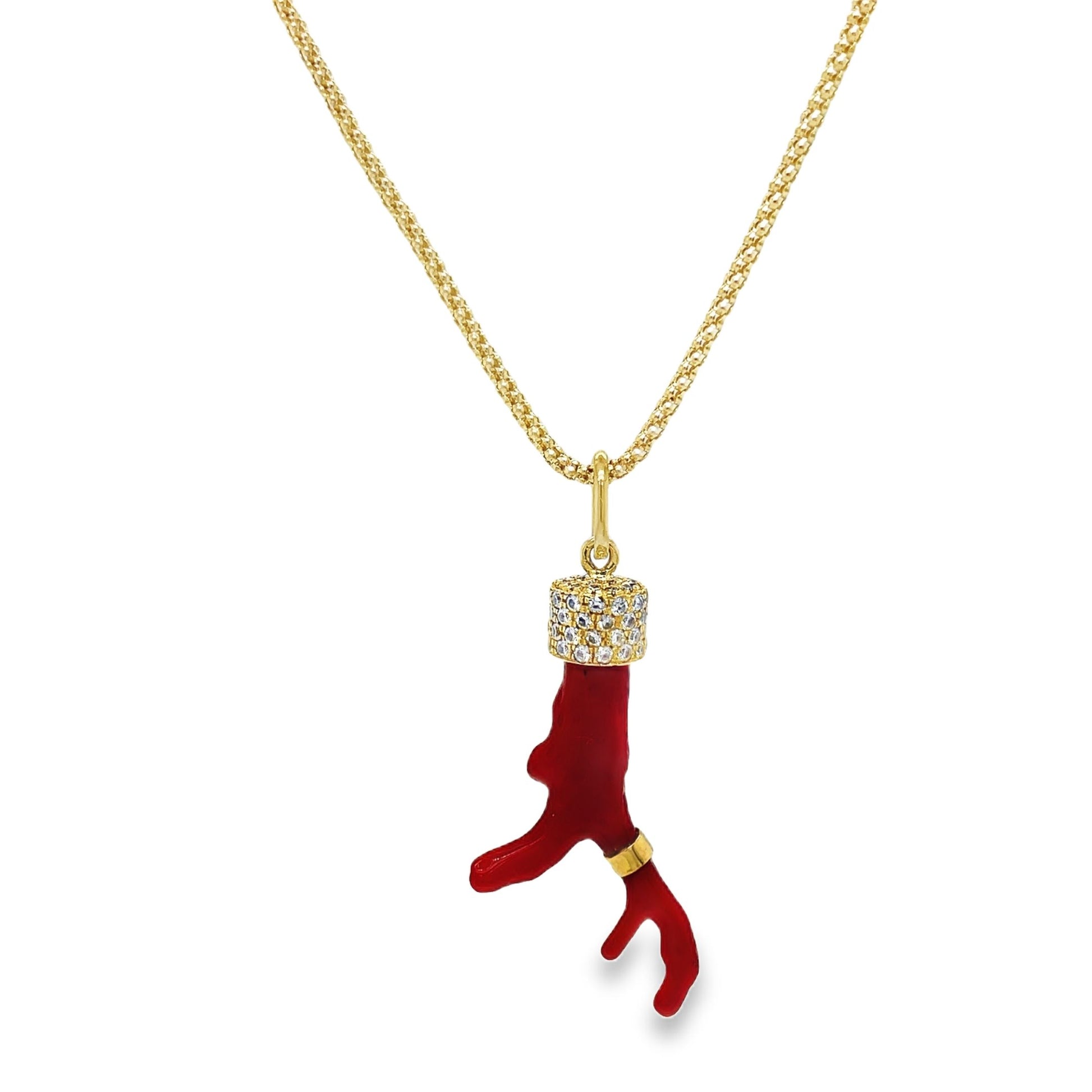 Red Coral Branch Diamond Cap Pendant Front view 