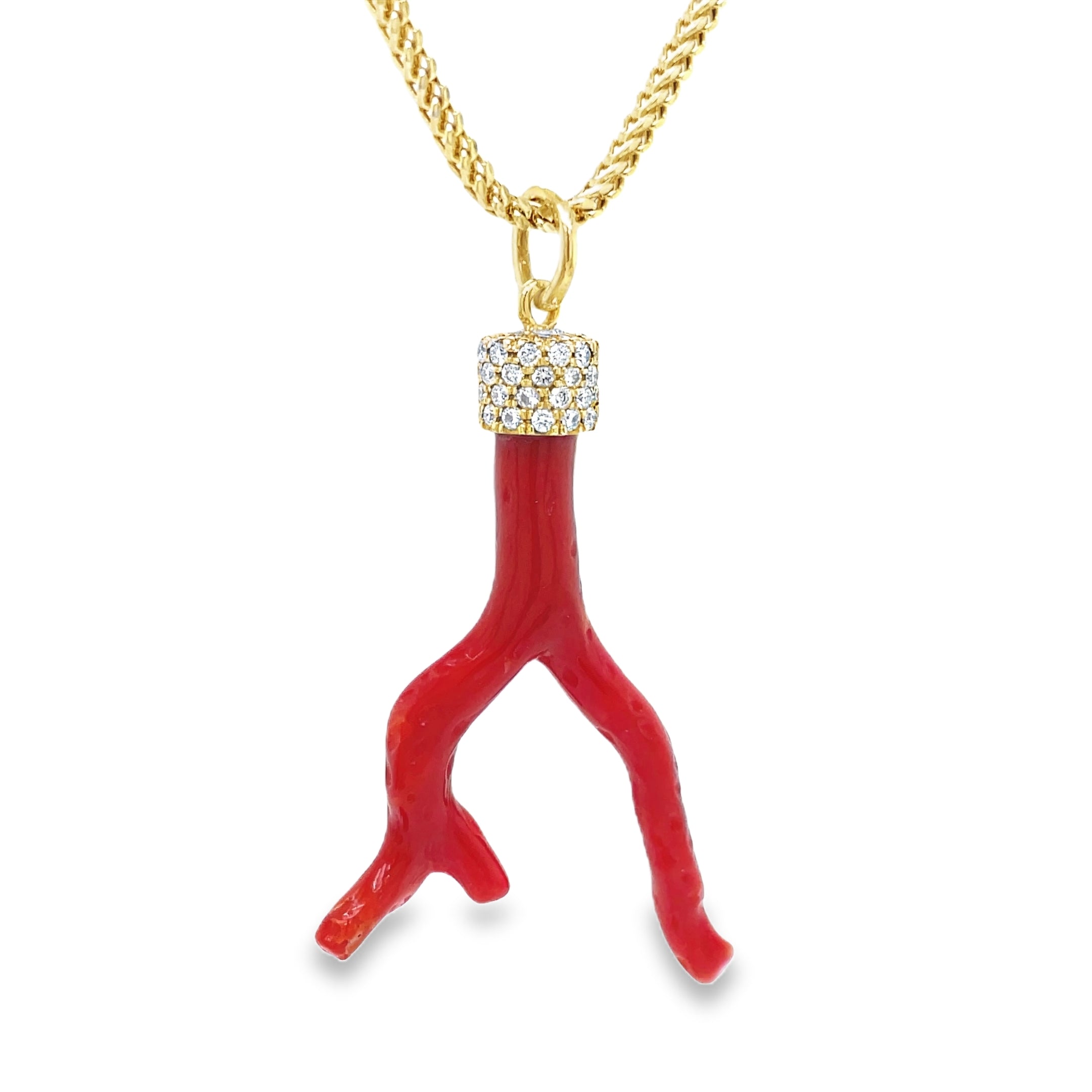 ndulge in pure luxury with our Red Coral Branch Diamond Cap Necklace. Adorned with a striking red coral branch and accented by round diamonds totaling 0.50 carats, this 30" necklace is a true statement piece. Crafted with 18k yellow gold, it exudes sophistication and exclusivity. Elevate your style with this elegant and timeless necklace. Handmade in our store

Chain sold separately $390.00 lightweight wheat chain