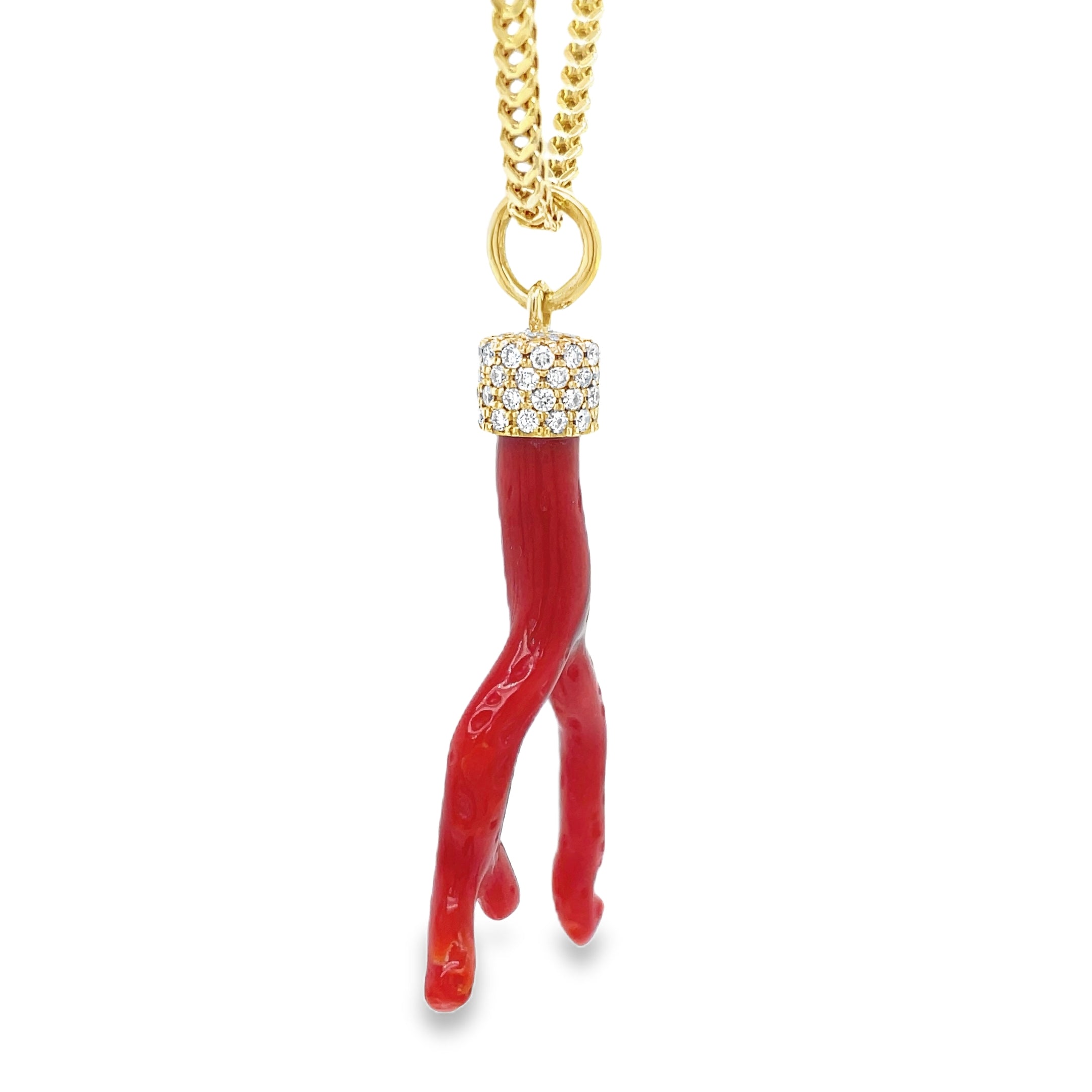 ndulge in pure luxury with our Red Coral Branch Diamond Cap Necklace. Adorned with a striking red coral branch and accented by round diamonds totaling 0.50 carats, this 30" necklace is a true statement piece. Crafted with 18k yellow gold, it exudes sophistication and exclusivity. Elevate your style with this elegant and timeless necklace. Handmade in our store

Chain sold separately $390.00 lightweight wheat chain