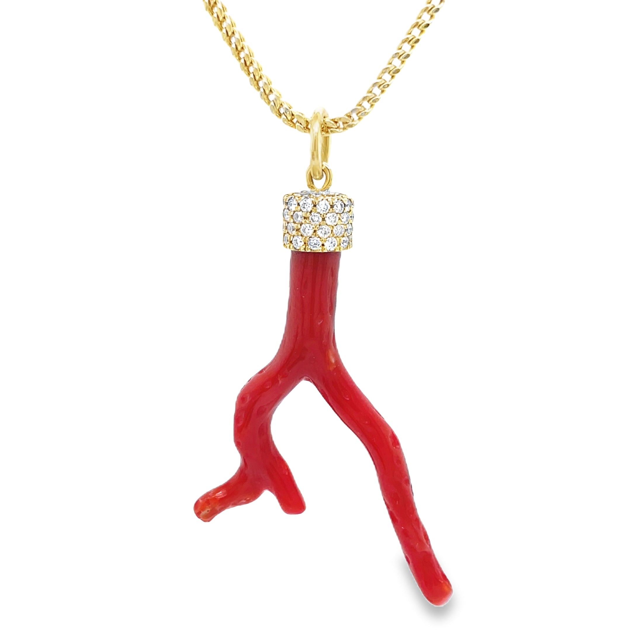 ndulge in pure luxury with our Red Coral Branch Diamond Cap Necklace. Adorned with a striking red coral branch and accented by round diamonds totaling 0.50 carats, this 30" necklace is a true statement piece. Crafted with 18k yellow gold, it exudes sophistication and exclusivity. Elevate your style with this elegant and timeless necklace. Handmade in our store

Chain sold separately $390.00 lightweight wheat chain