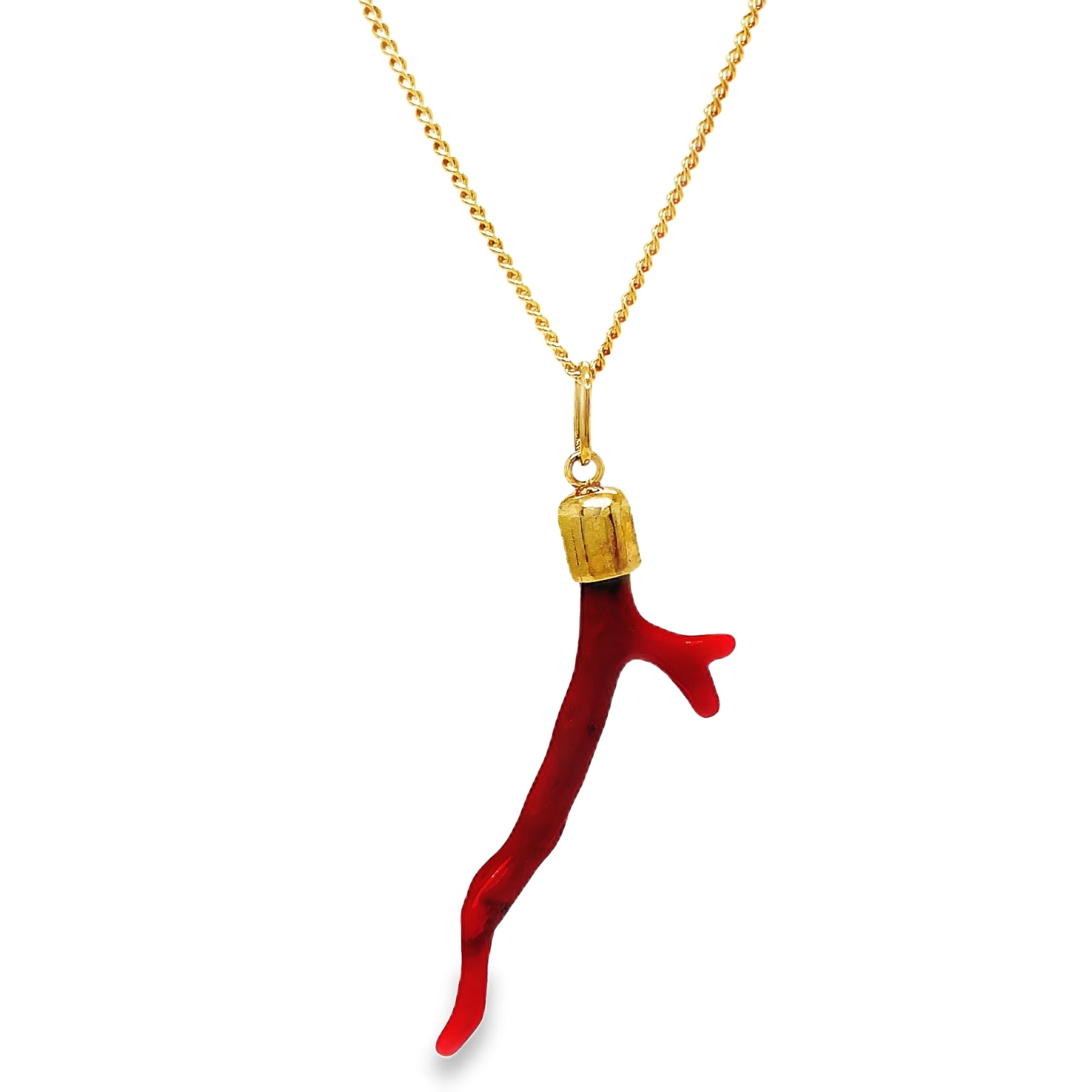Red Coral Branch Solid Gold Cap Pendant Necklace Front view