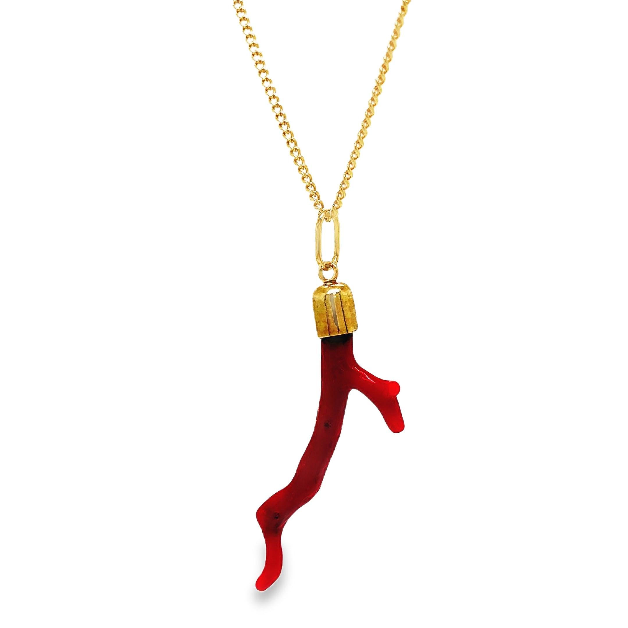 Add a touch of luxury to any outfit with our handmade 18k yellow gold cap pendant necklace featuring a natural red coral branch. This exclusive necklace evokes the beauty of the ocean and embodies the sophistication of our brand. Elevate your style with this elegant and timeless piece.

Chain sold separately $599.00 rolo chain