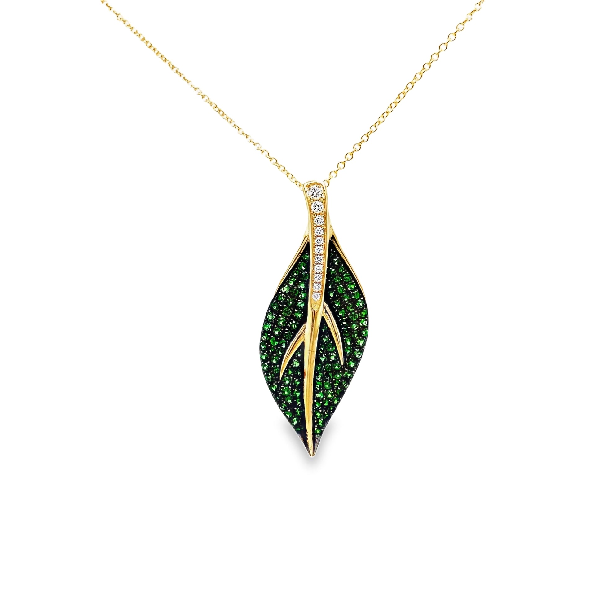 Tsavorite and Diamond Leaf Pendant Necklace Front view