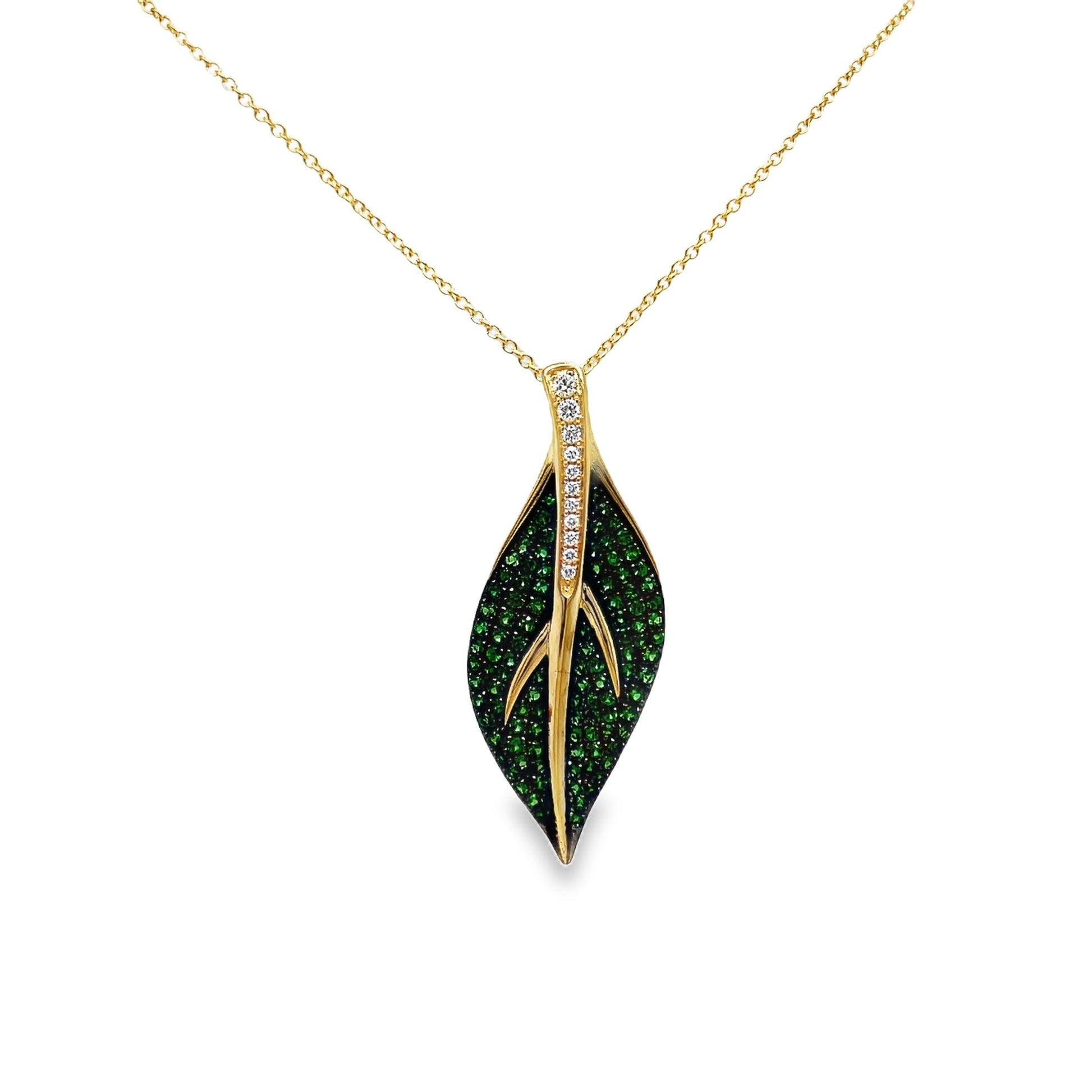 Tsavorite and Diamond Leaf Pendant Necklace Front view