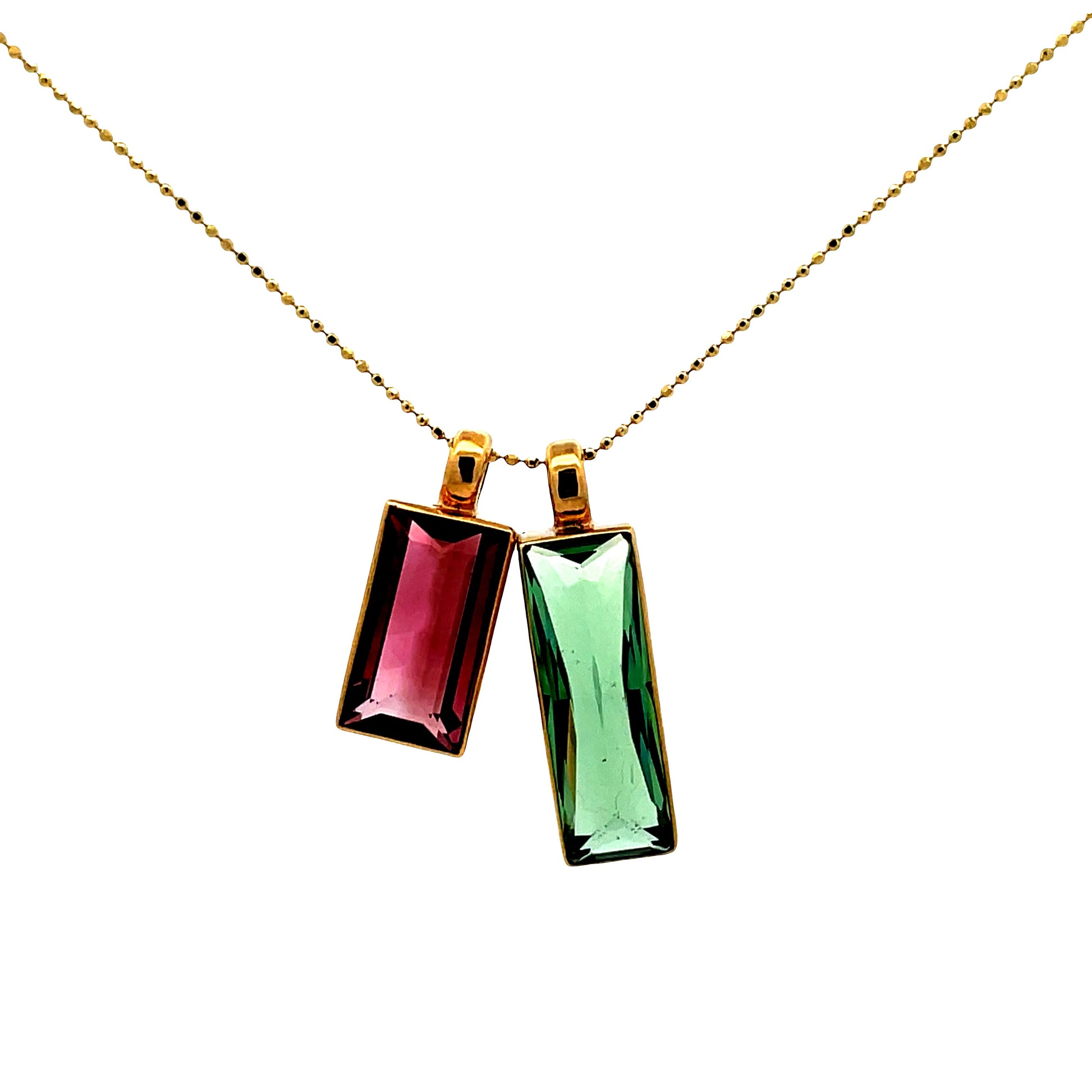 Front view of 18k Pink and Green Tourmaline Charms