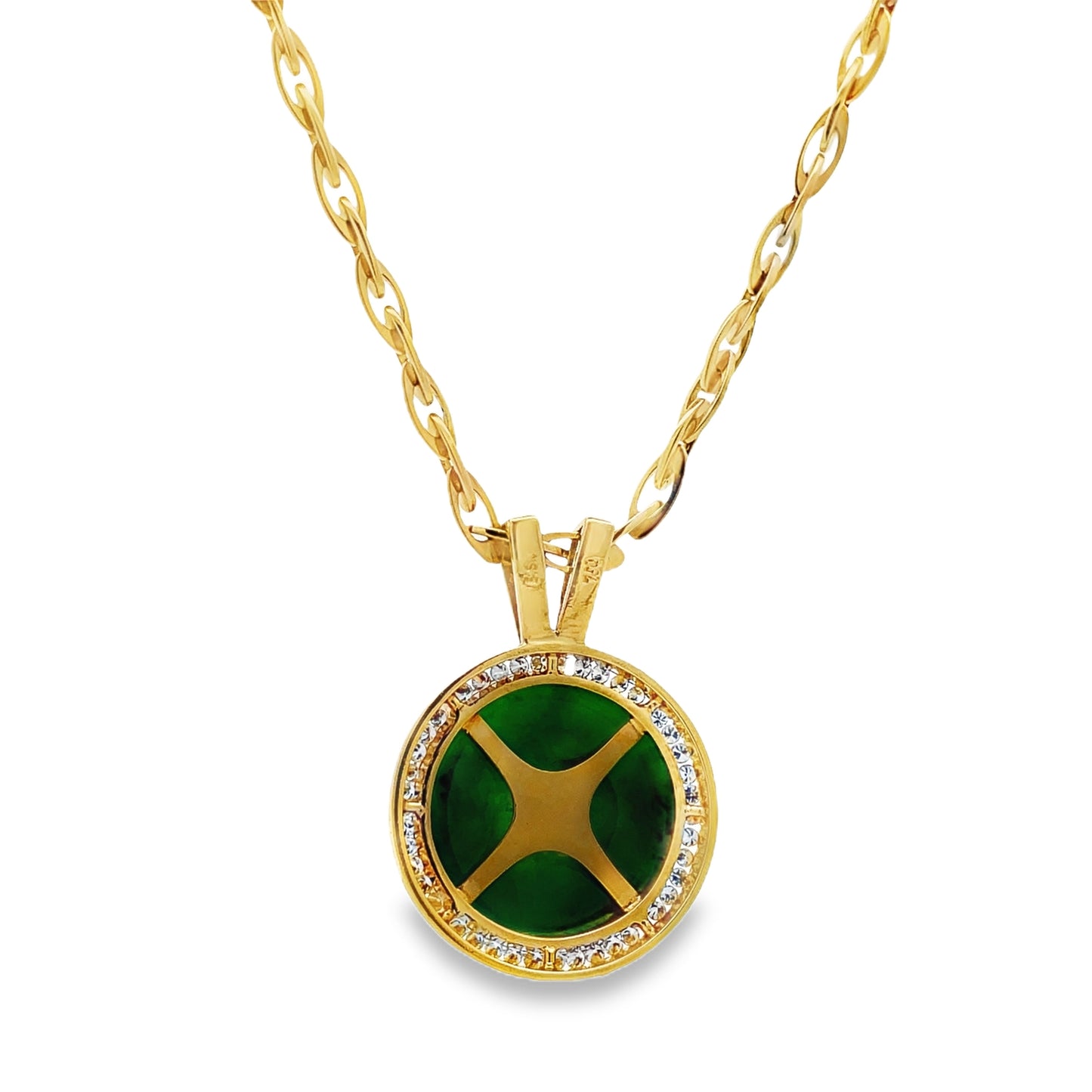 Front view of 18k Yellow Gold Jadeite and Diamond Round Pendant