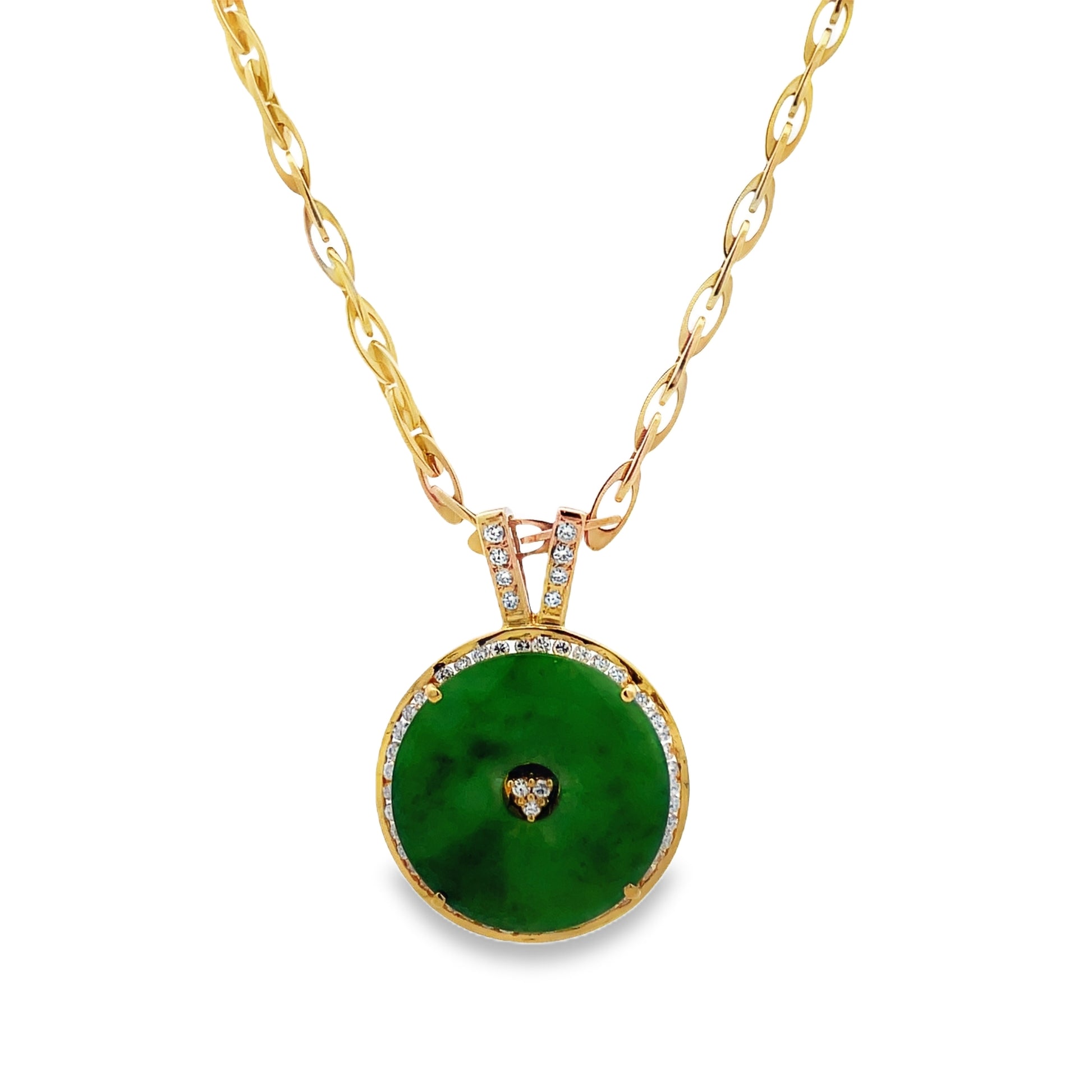 Front view of 18k Yellow Gold Jadeite and Diamond Round Pendant