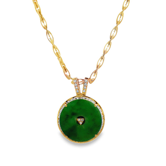Front view of 18k Yellow Gold Jadeite and Diamond Round Pendant
