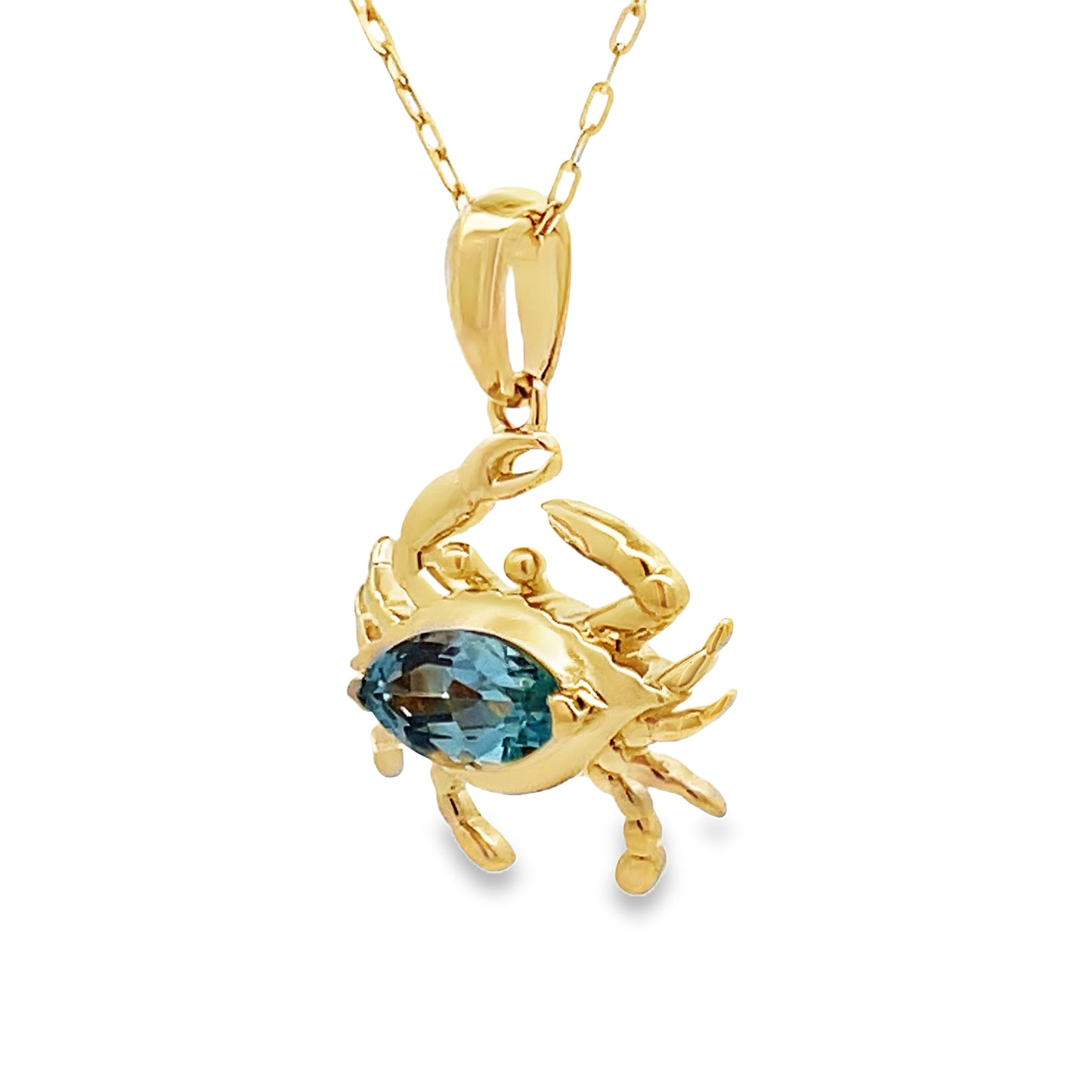 Side view of 14k Yellow Gold Blue Topaz Crab Pendant Necklace