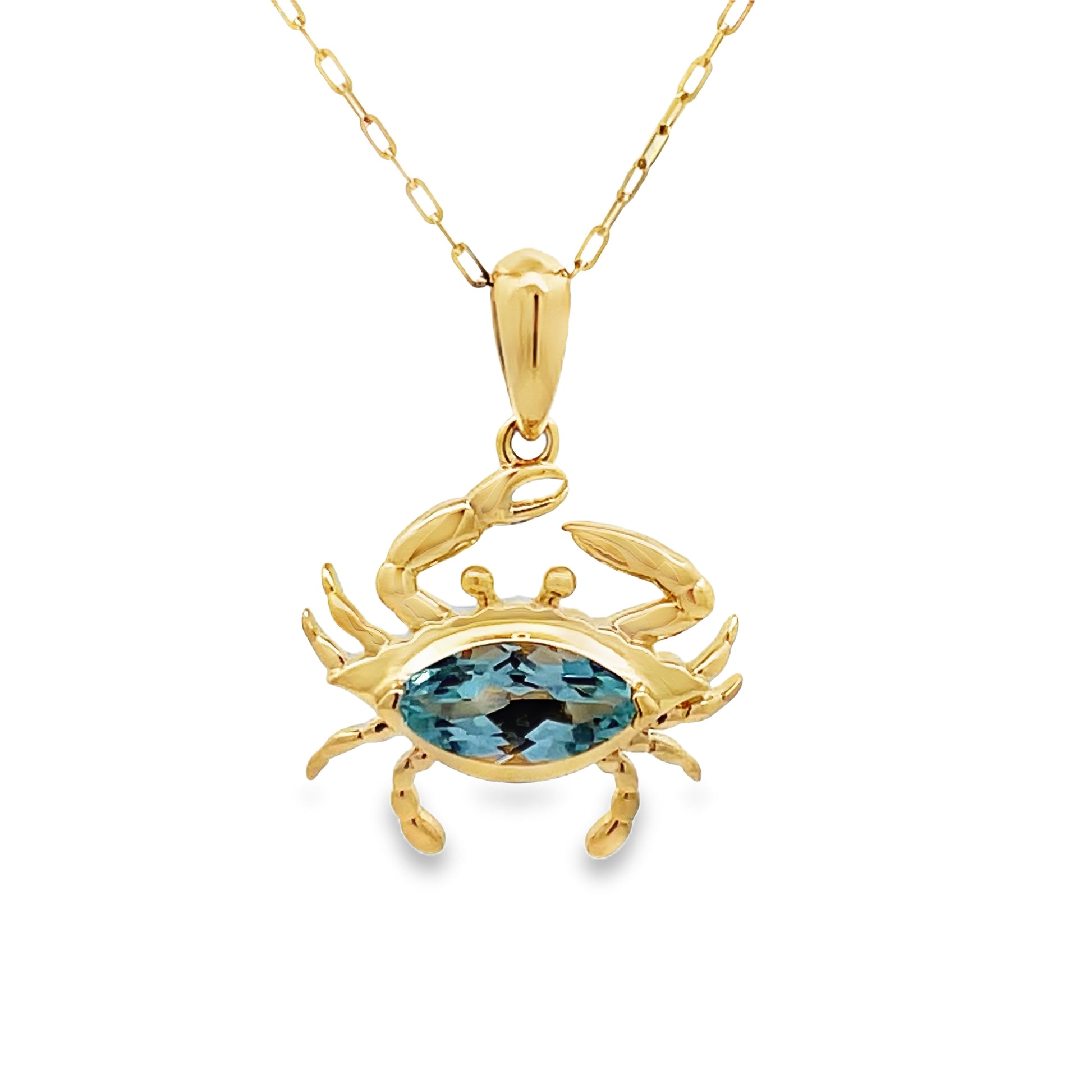Front view of 14k Yellow Gold Blue Topaz Crab Pendant Necklace