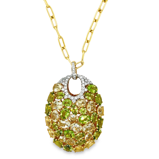 Front view of 18k Yellow Gold Italian Made Large Multi Shade Peridot & Diamond Pendant Necklace