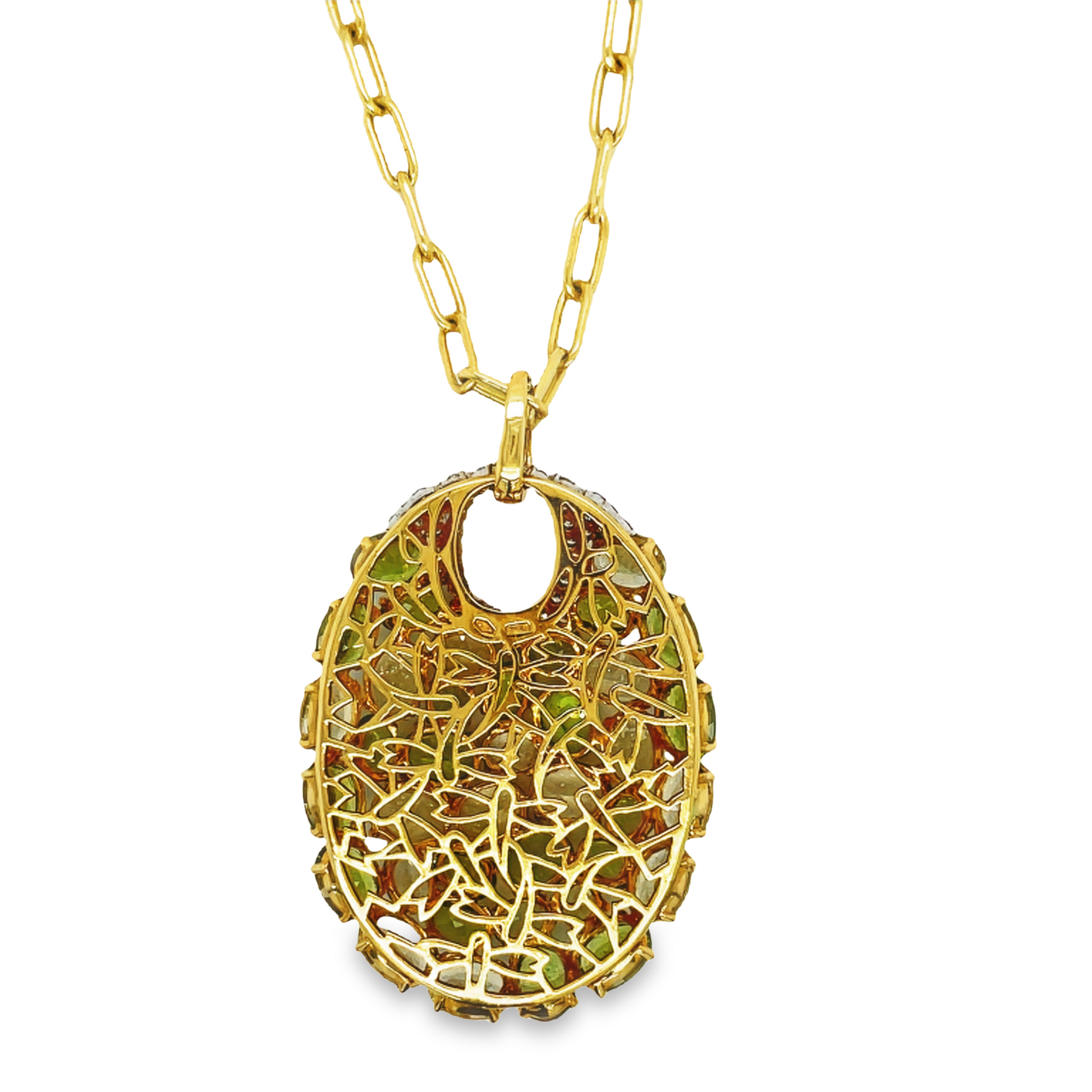 Back view of 18k Yellow Gold Italian Made Large Multi Shade Peridot & Diamond Pendant Necklace