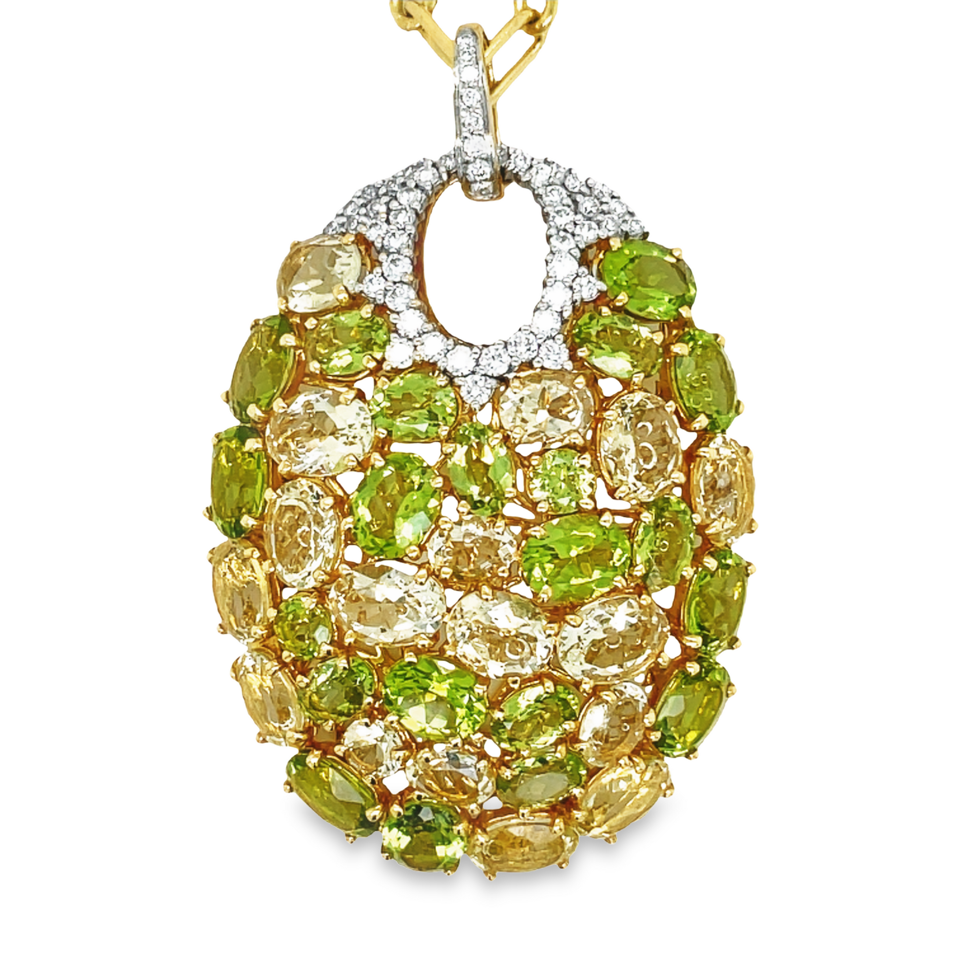 Front view of 18k Yellow Gold Italian Made Large Multi Shade Peridot & Diamond Pendant Necklace