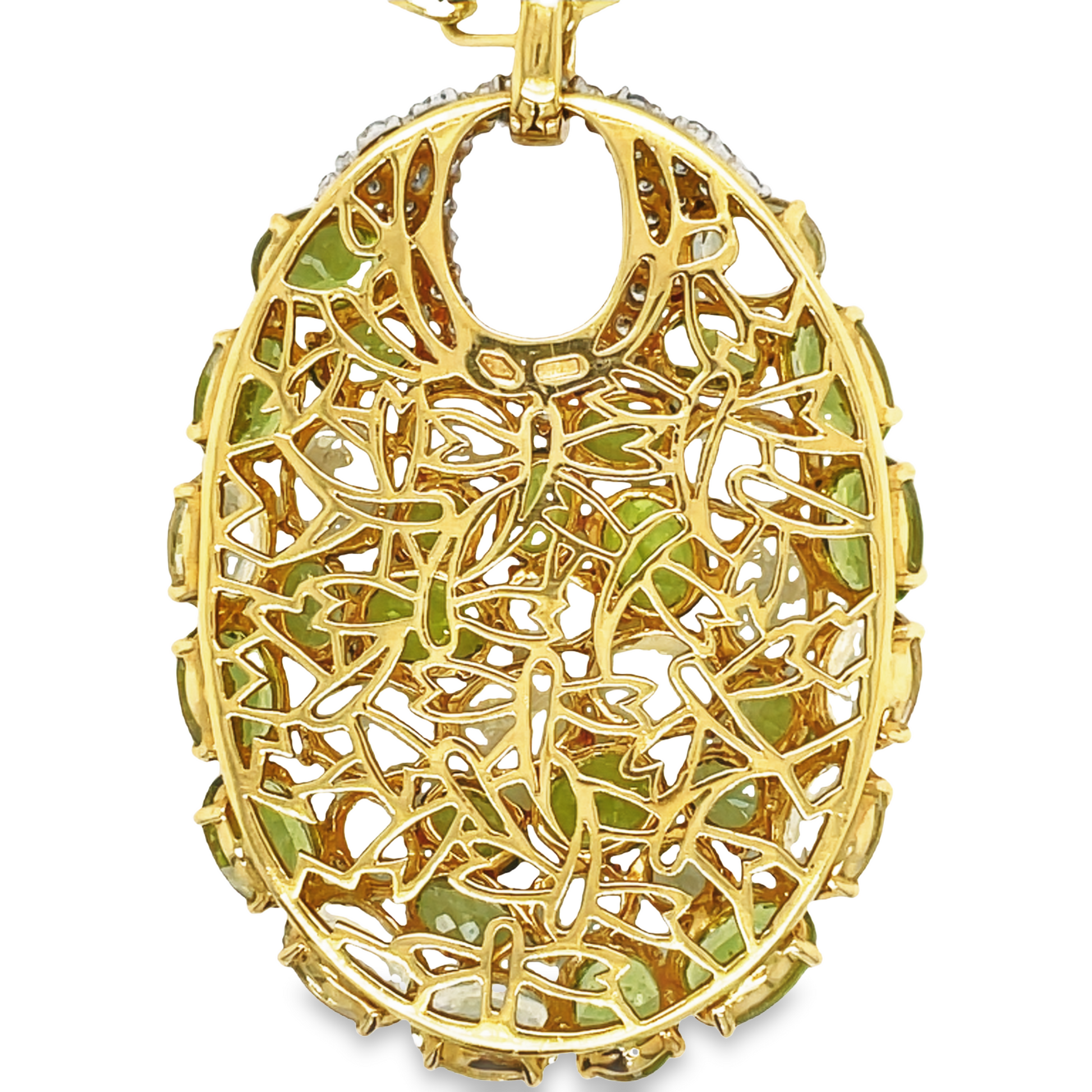 Back view of 18k Yellow Gold Italian Made Large Multi Shade Peridot & Diamond Pendant Necklace