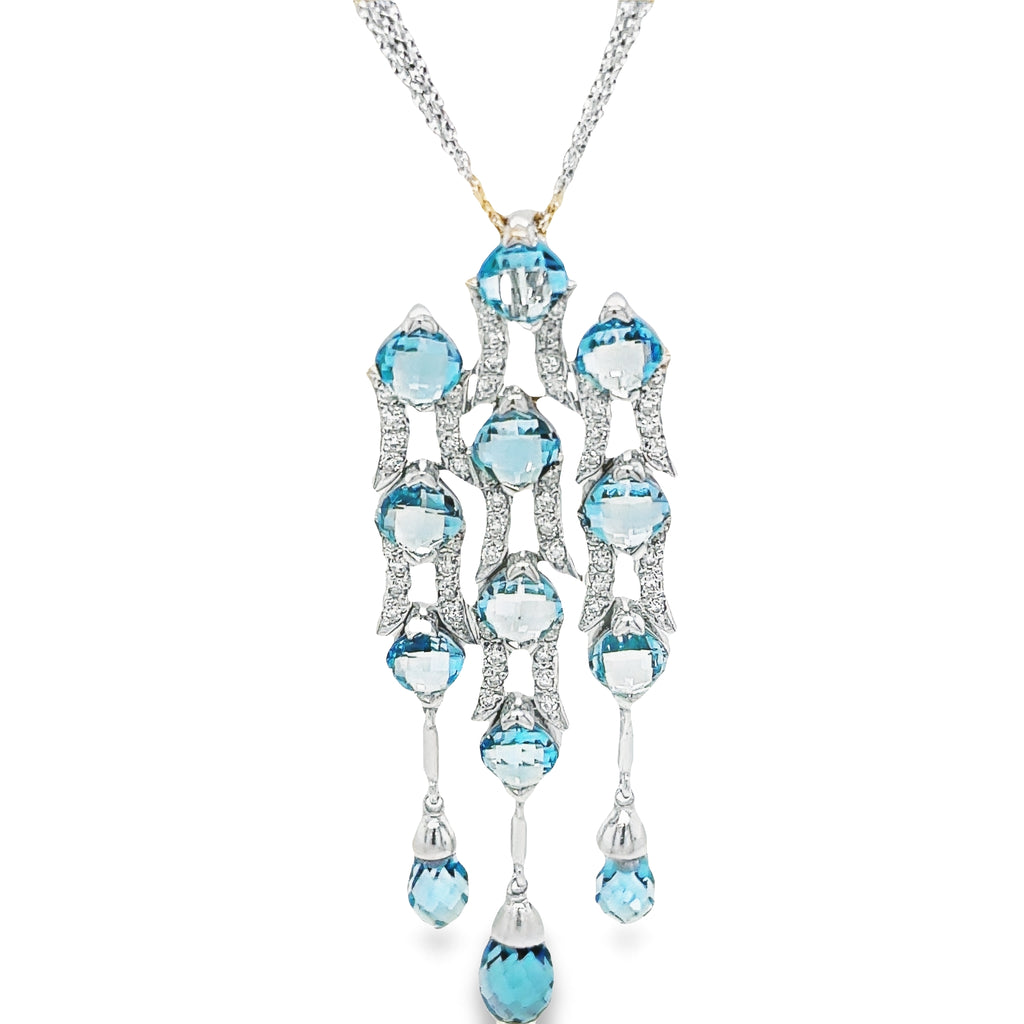 Bring undeniable elegance and sophistication to any look with this exquisite blue topaz & diamond chandelier pendant necklace. Featuring 12 blue topaz briolettes and round diamonds, the 18" cable chain offers a unique and timeless appeal for an unforgettable statement. From the estate jewelry collection, you'll love the beautiful character and chic styling of this stunning necklace.