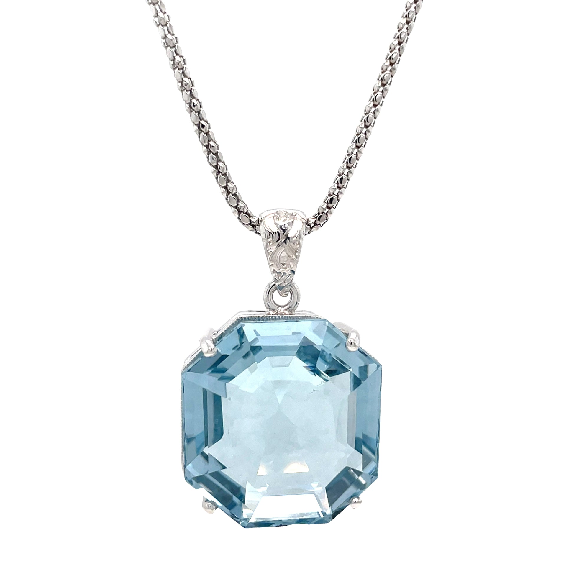 Front view of 14k White Gold Large Octahedron Aquamarine Pendant Necklace