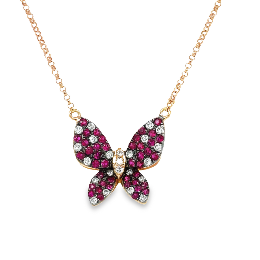 Express your elegance and style with this stunning 18K Rose Gold Butterfly Pendant Necklace. Adorned with an eye-catching combination of rubies totaling 0.49 cts and round diamonds totaling 0.20 cts, this necklace is sure to be a stunning addition to your wardrobe.  18" long with sizing at 17" & 18" with secure lobster clasp.