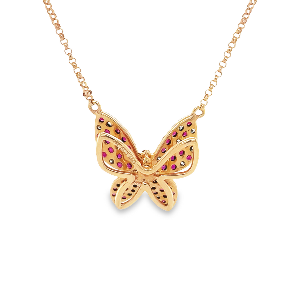 Express your elegance and style with this stunning 18K Rose Gold Butterfly Pendant Necklace. Adorned with an eye-catching combination of rubies totaling 0.49 cts and round diamonds totaling 0.20 cts, this necklace is sure to be a stunning addition to your wardrobe.  18" long with sizing at 17" & 18" with secure lobster clasp.