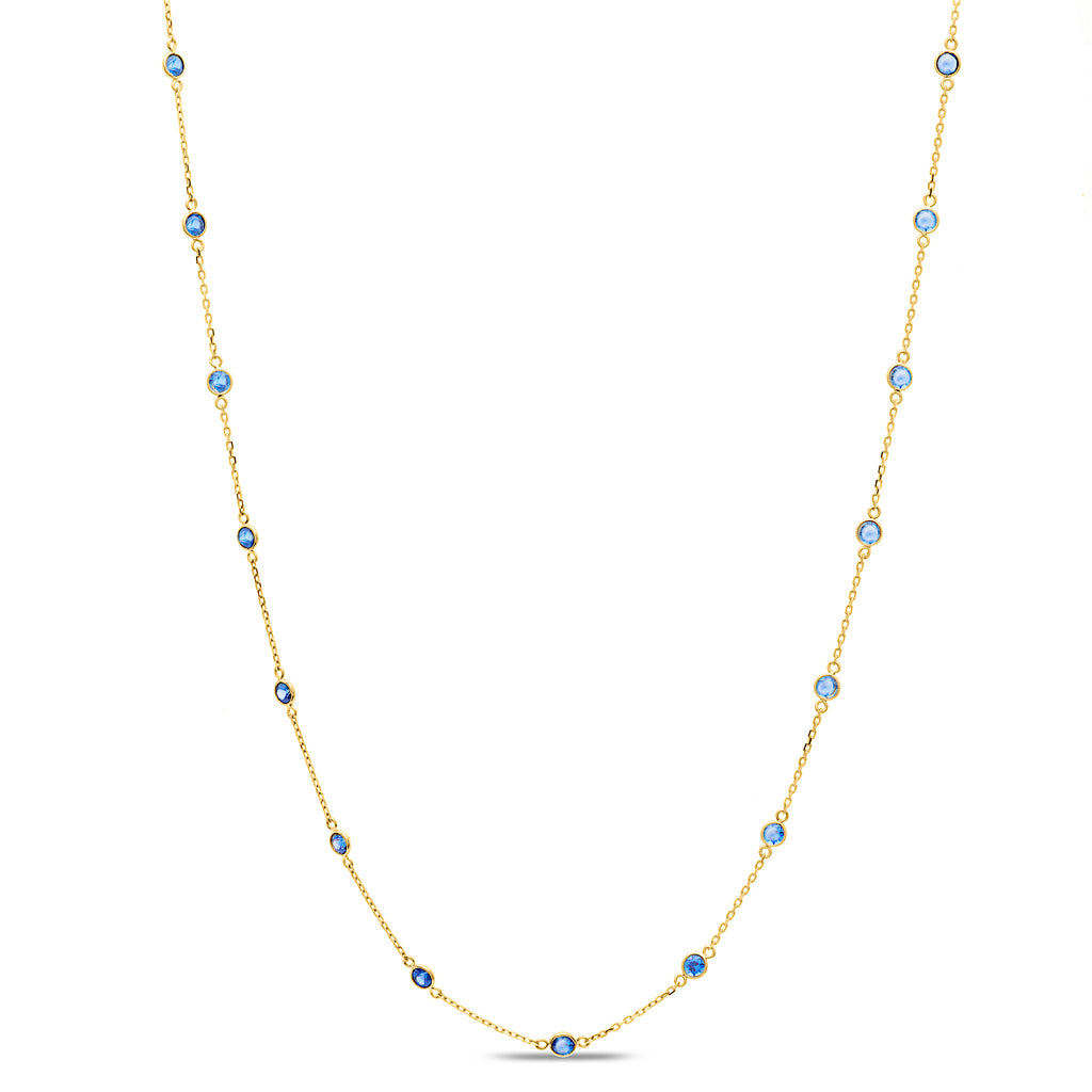 This beautiful necklace features 17 intricately faceted 1.95 ct. blue sapphires set in 18k yellow gold. Make a lasting impression with its captivating sparkle and dazzling shine! The perfect choice for a special occasion or just everyday glam.