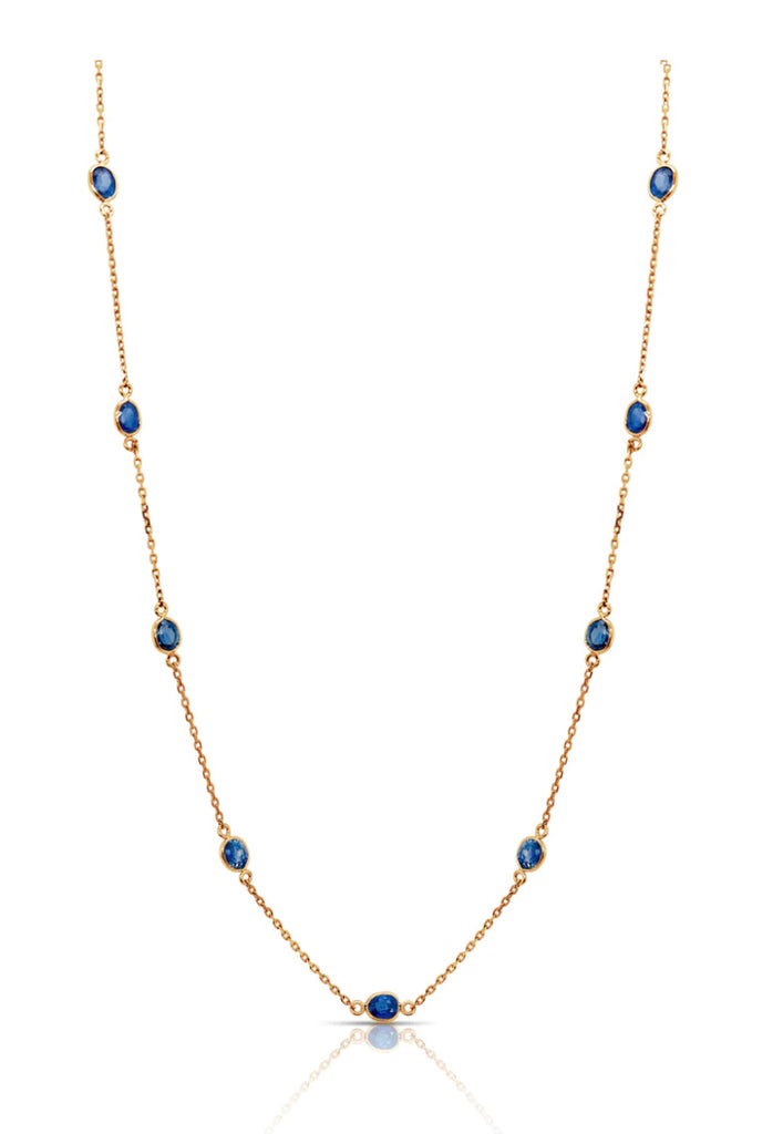 This beautiful necklace features 17 intricately faceted 5.31 ct. blue sapphires set in 18k yellow gold. Make a lasting impression with its captivating sparkle and dazzling shine! The perfect choice for a special occasion or just everyday glam.