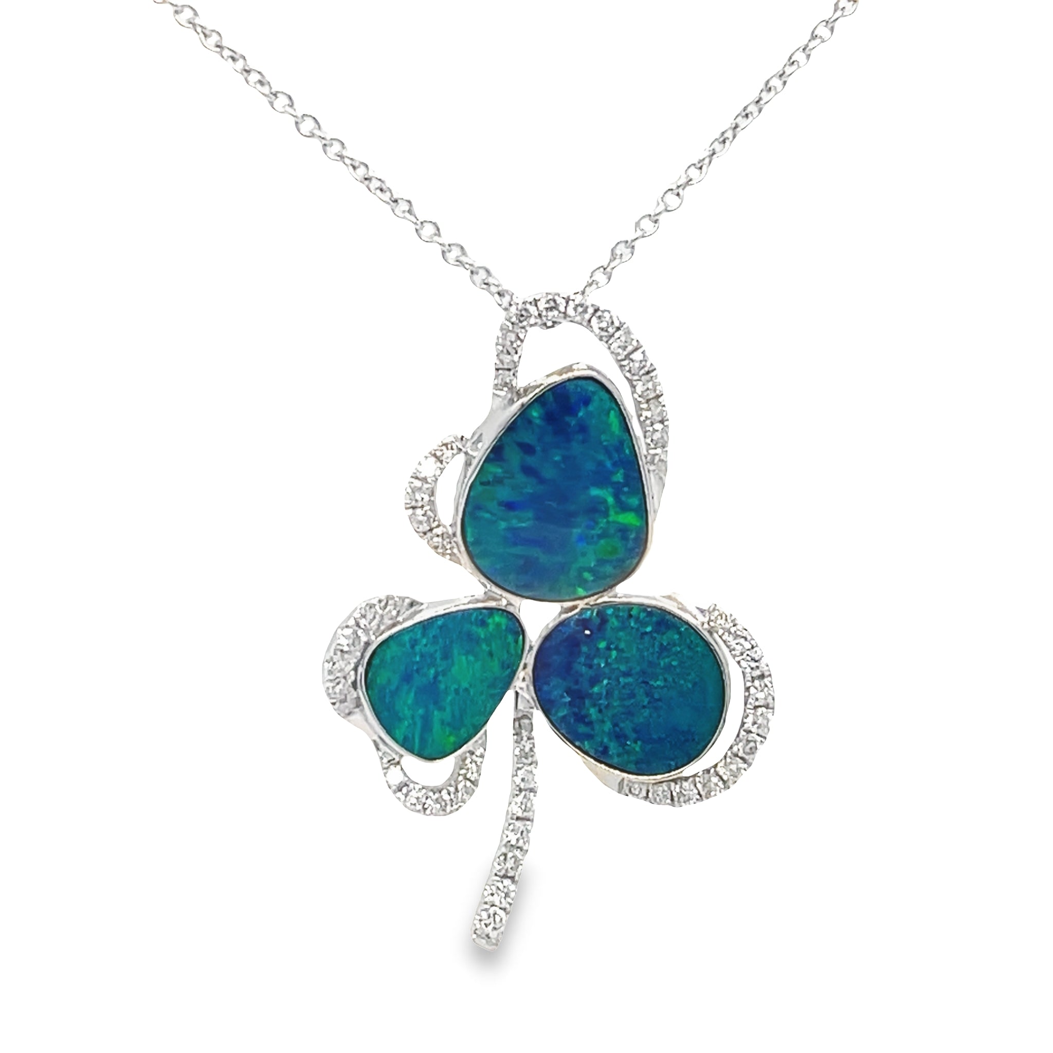 Sparkle and shine with this stunning 14k white gold pendant necklace featuring a dazzling three leaf black Australian opal and round diamond accents. This eye-catching pendant contains 4.55 carats of black opal and 0.41 carats of round diamonds for a true statement of elegance and style.  22.00 x 30.00 mm 