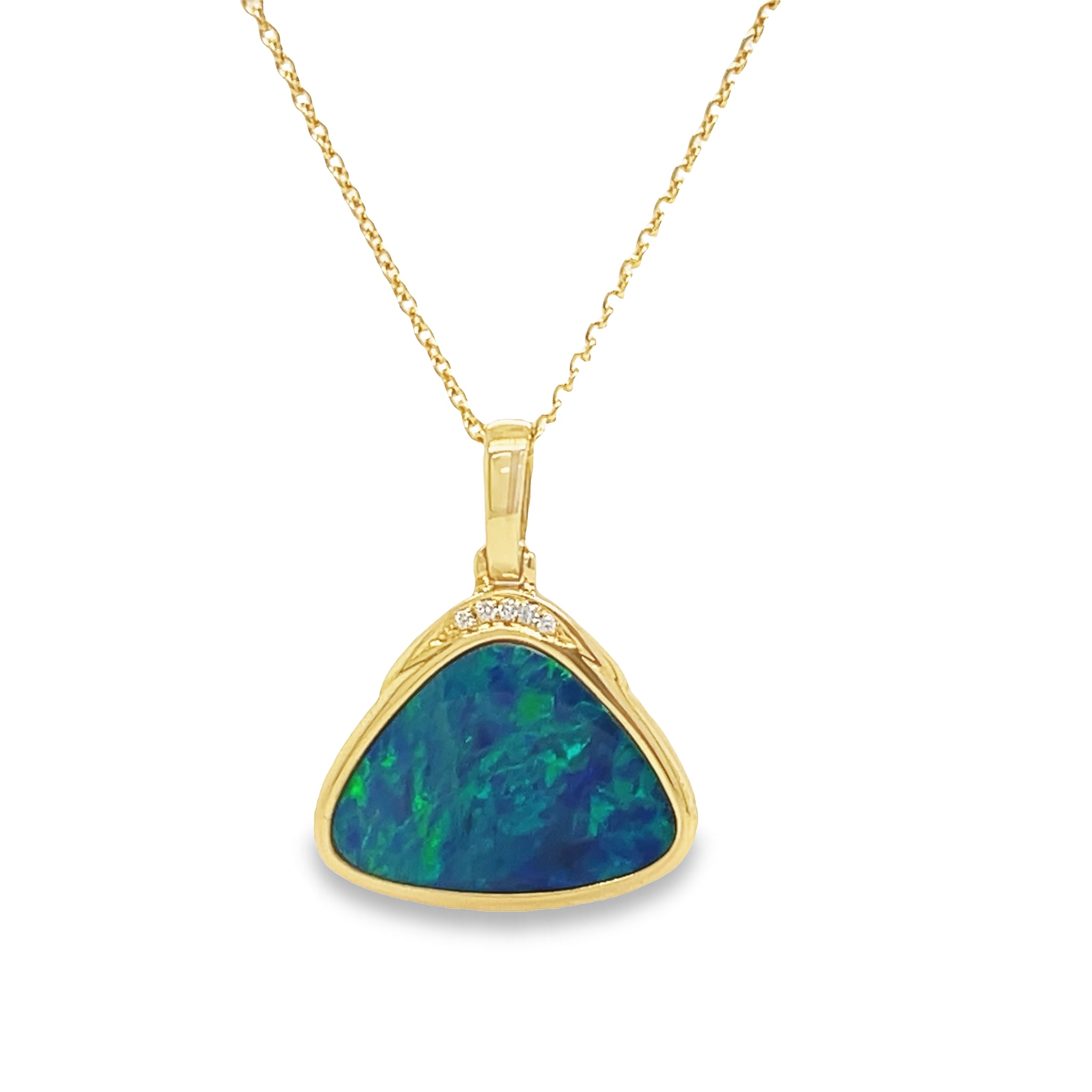 Sparkle and shine with this stunning 14k white gold pendant necklace featuring a dazzling triangular black Australian opal and round diamond accents. This eye-catching pendant contains 4.80 carats of black opal and 0.02 carats of round diamonds for a true statement of elegance and style.  18.00 x 26.00 mm 