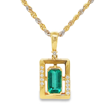 Make a luxurious statement with this exquisite Colombian Emerald & Diamond Pendant Necklace. Crafted with an emerald cut emerald of 1.44 cts, round diamonds, and bezel set in a rectangular handmade frame of 18k yellow gold and 18k two tone gold chain. This bold and breathtaking piece is perfect for adding a touch of glamour to any look!