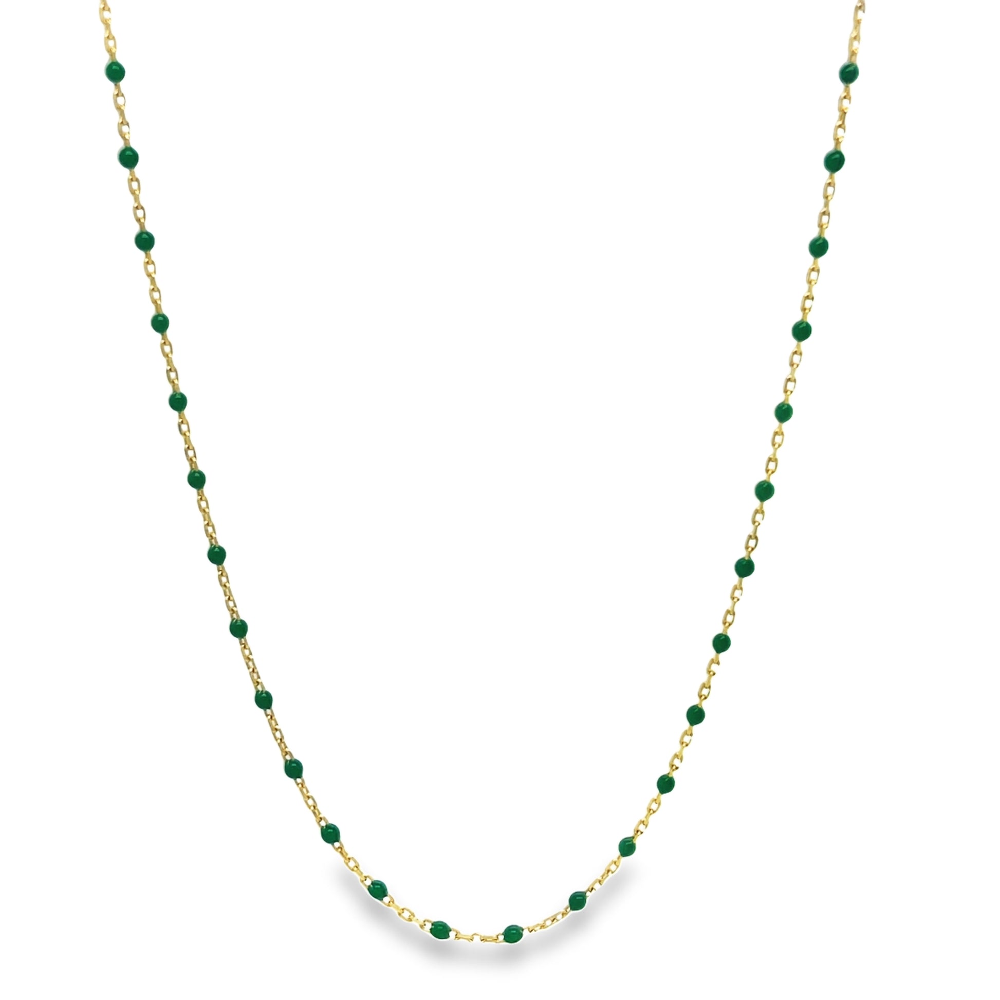 Front view of 14k Yellow Gold Green Enamel Necklace 18"