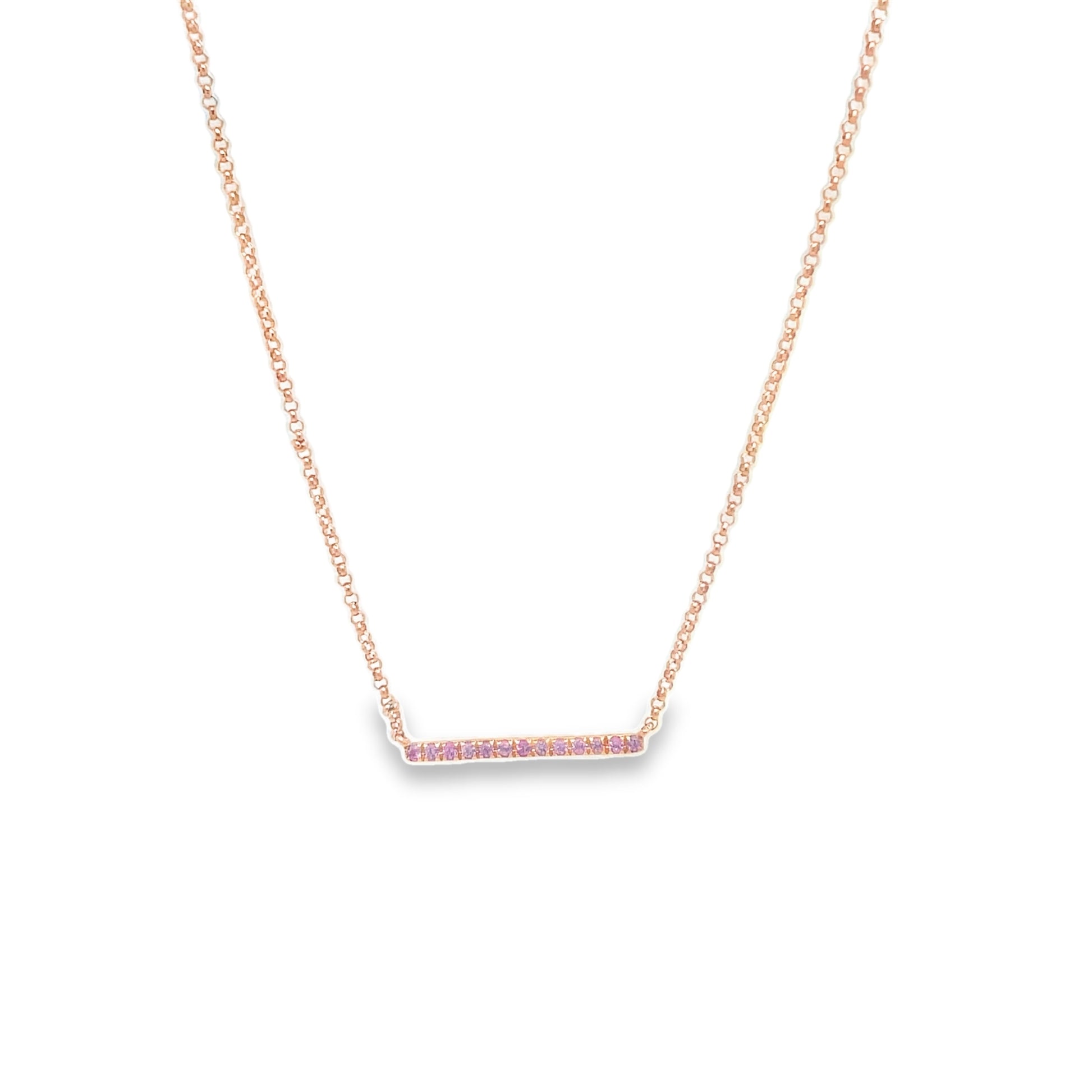 Front view of 18k Rose Gold Delicate Pink Sapphire Bar Necklace