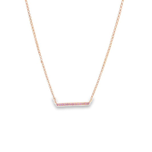 Front view of 18k Rose Gold Delicate Pink Sapphire Bar Necklace