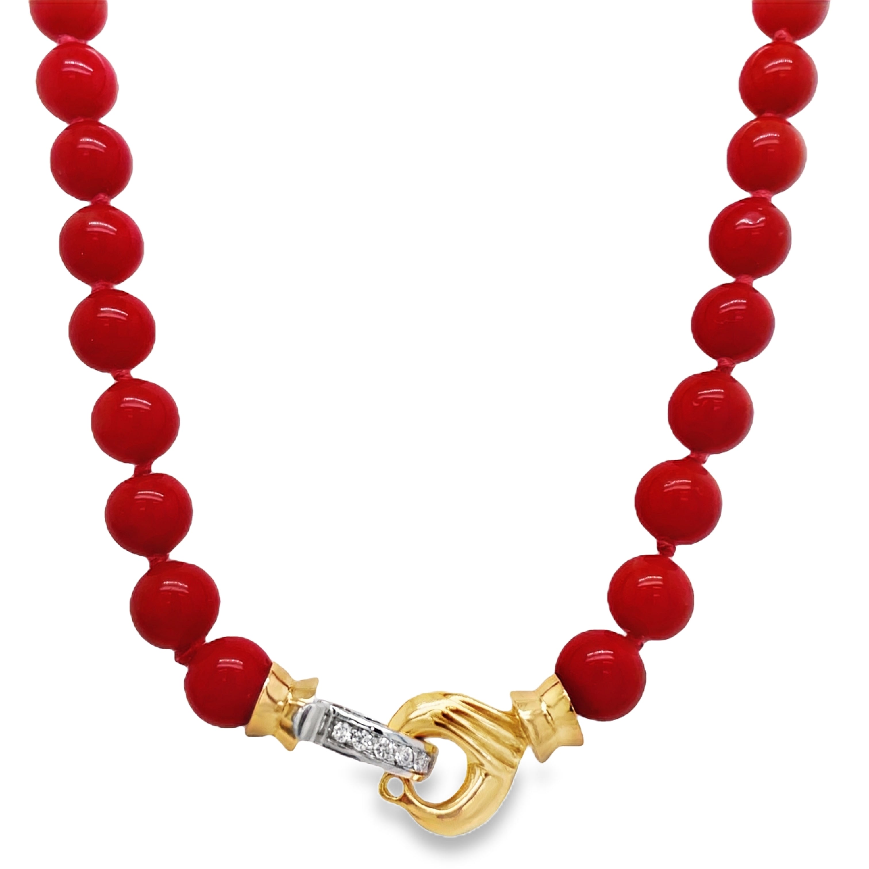 ndulge in this exquisite Italian Made Red Coral Bead Diamond Necklace. With 18k two tone gold, round diamonds, and 9.00 mm beads of red coral from Corsica, this 20" necklace exudes luxury and sophistication. Elevate any outfit and make a statement with this unique and premium piece.