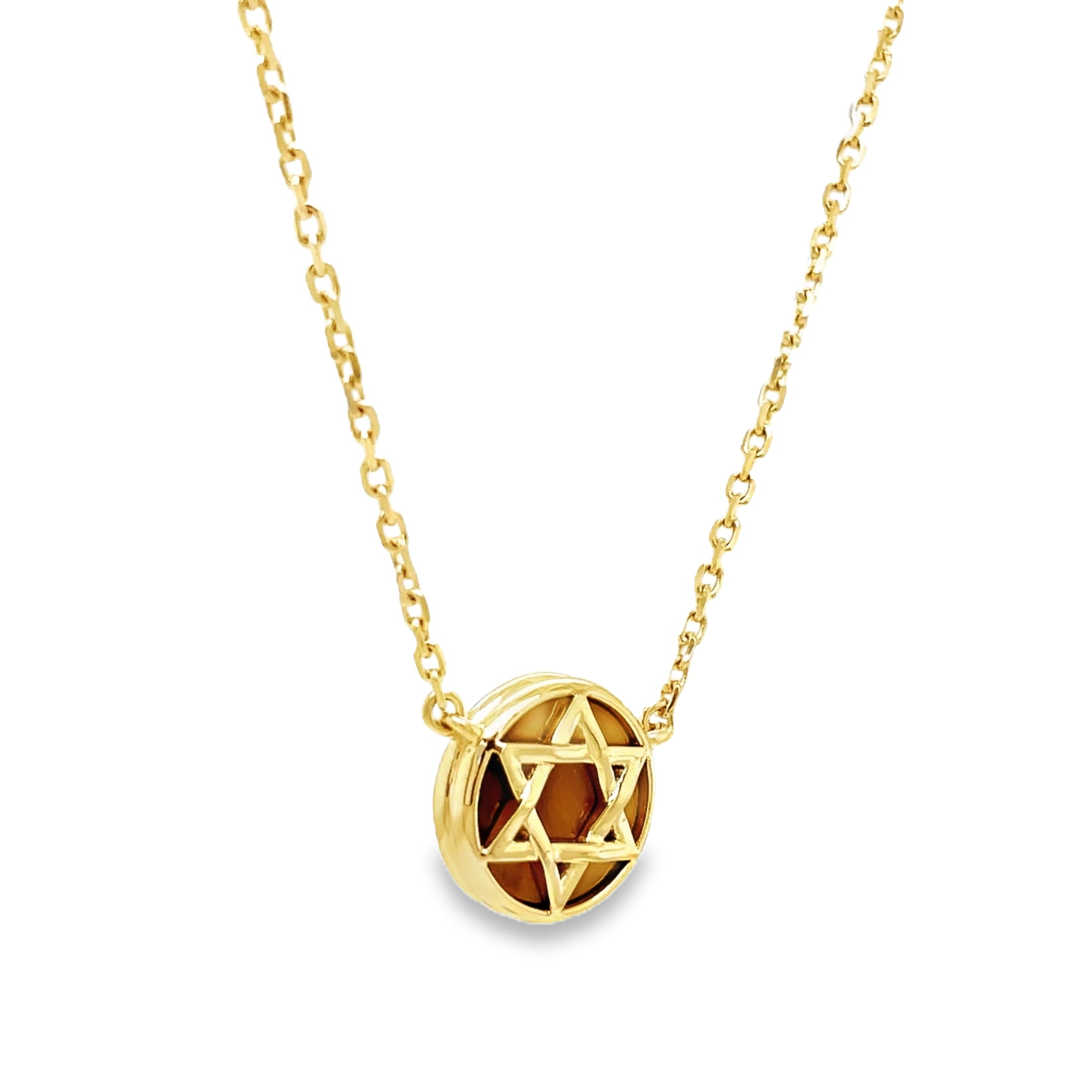 Discover the beauty of our 14k Tiger Eye Star of David Necklace. Handcrafted with 15.00 mm of 14k yellow gold and adorned with solid tiger eye background. The 18" long chain features a secure lobster clasp with a sizing loop at 16", ensuring a perfect fit. Elevate your style and embrace luxury with this exclusive piece.