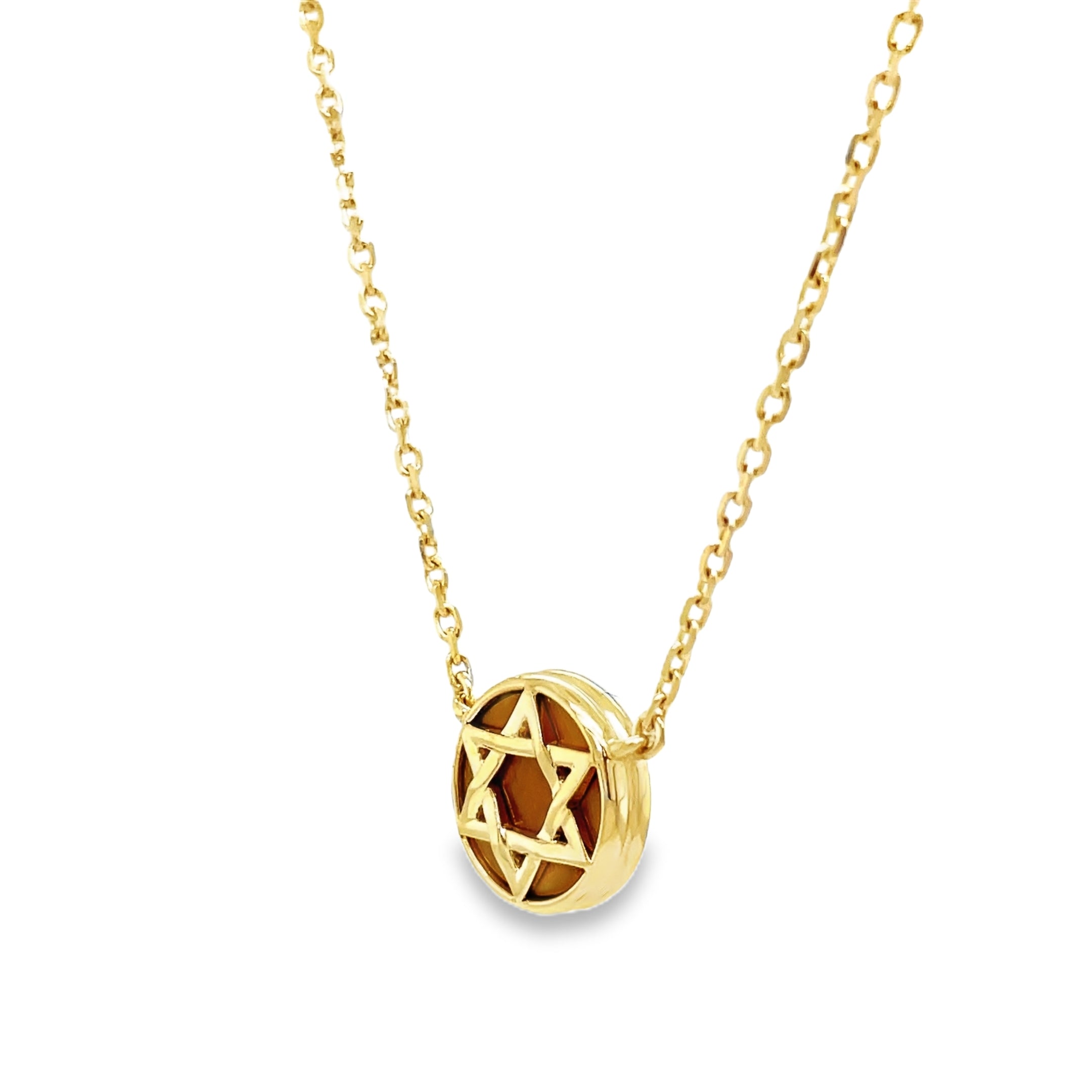 Discover the beauty of our 14k Tiger Eye Star of David Necklace. Handcrafted with 15.00 mm of 14k yellow gold and adorned with solid tiger eye background. The 18" long chain features a secure lobster clasp with a sizing loop at 16", ensuring a perfect fit. Elevate your style and embrace luxury with this exclusive piece.