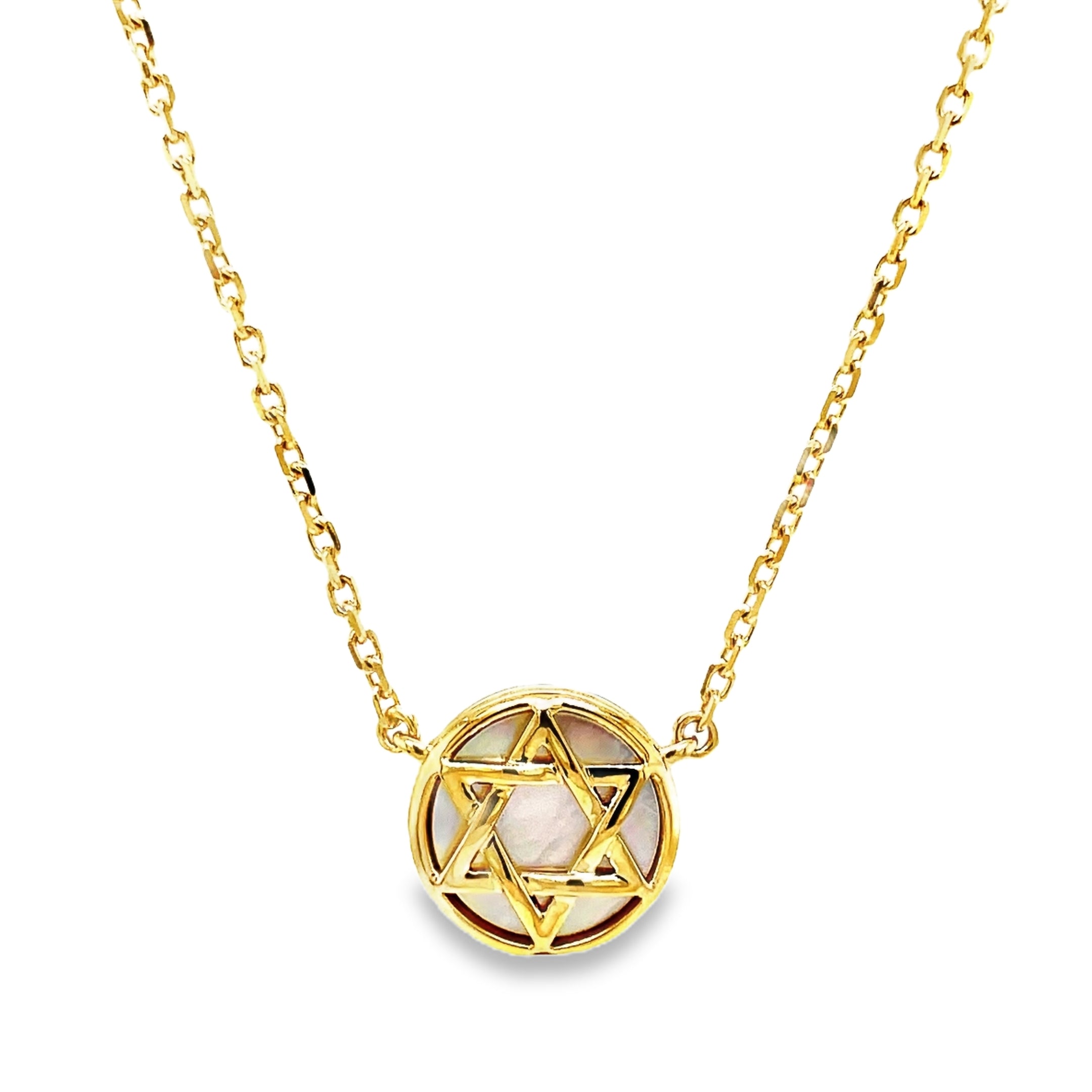 Discover the beauty of our 14k MOP Star of David Necklace. Handcrafted with 15.00 mm of 14k yellow gold and adorned with solid mother of pearl background. The 18" long chain features a secure lobster clasp with a sizing loop at 16", ensuring a perfect fit. Elevate your style and embrace luxury with this exclusive piece.