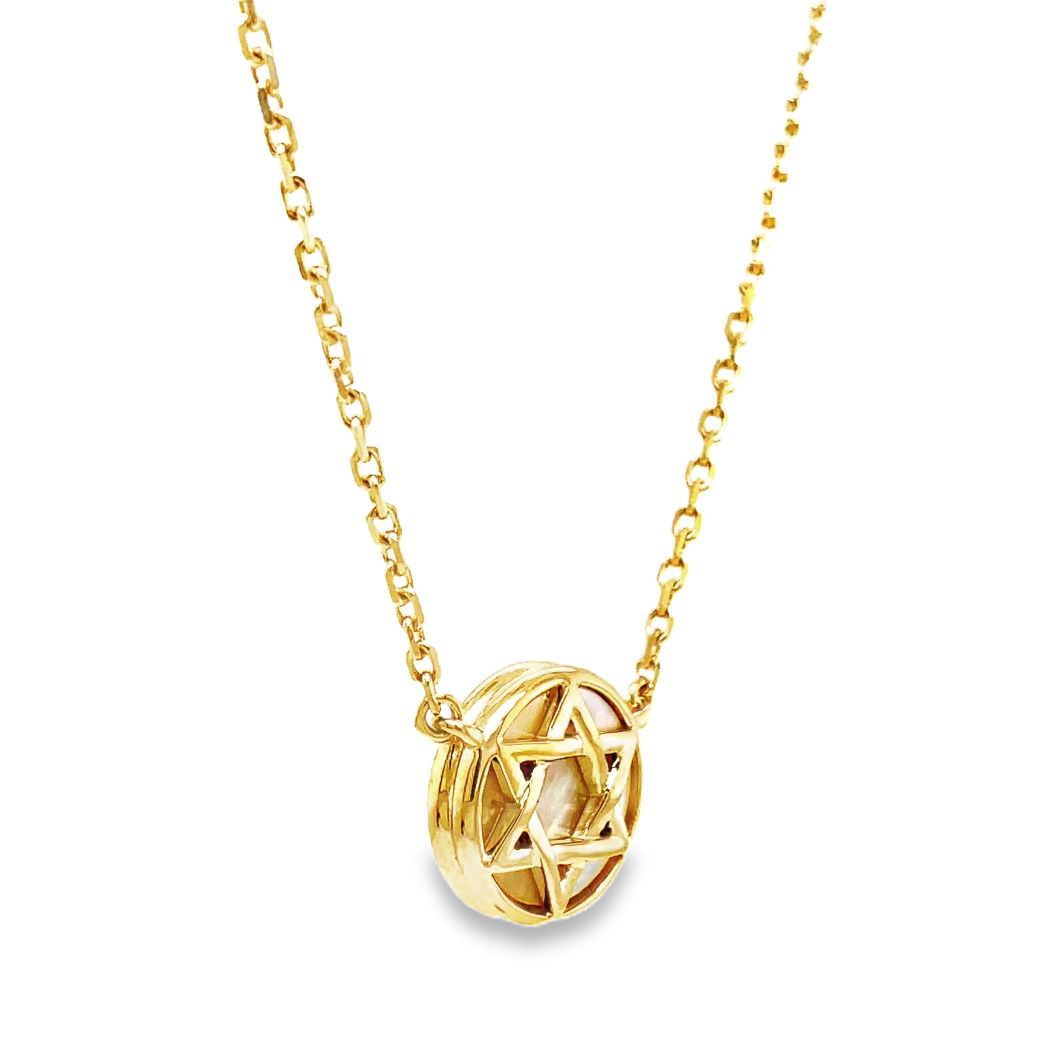 Discover the beauty of our 14k MOP Star of David Necklace. Handcrafted with 15.00 mm of 14k yellow gold and adorned with solid mother of pearl background. The 18" long chain features a secure lobster clasp with a sizing loop at 16", ensuring a perfect fit. Elevate your style and embrace luxury with this exclusive piece.