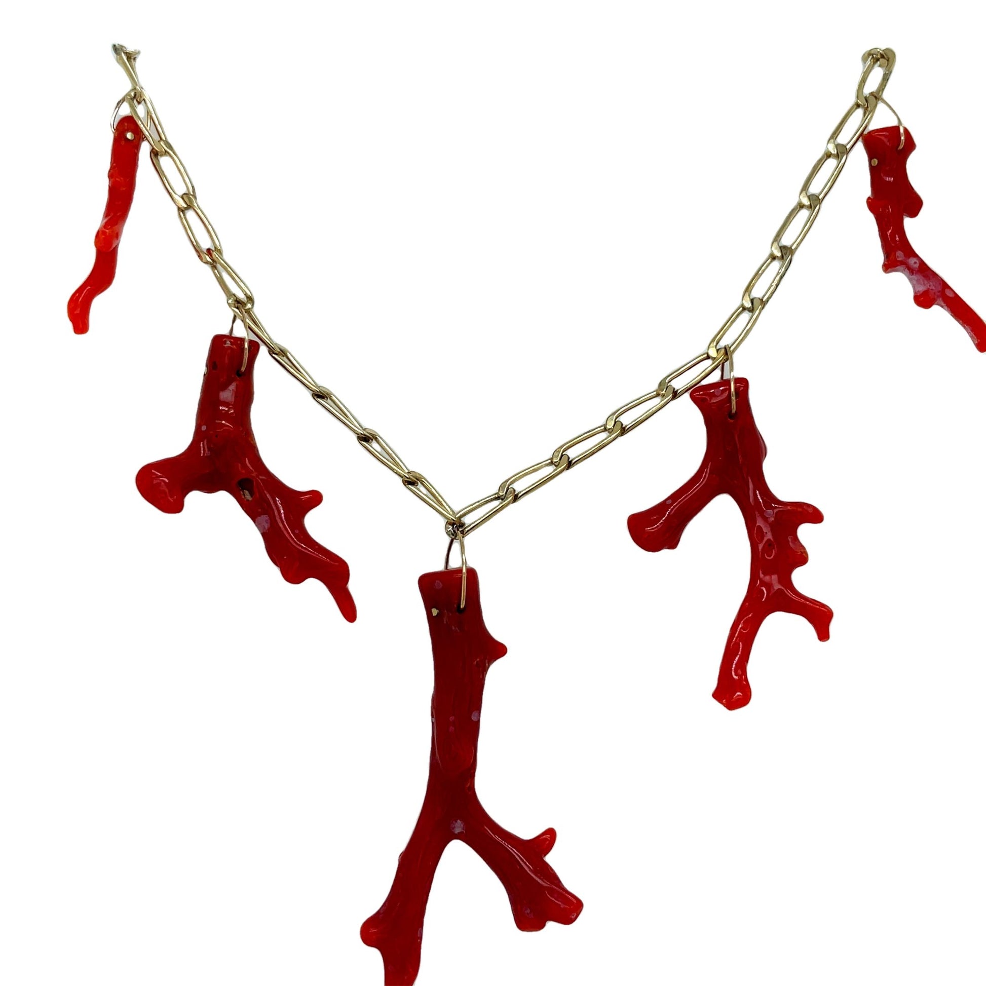 Five Red Coral Branch Gold Cap Pendant Front view 