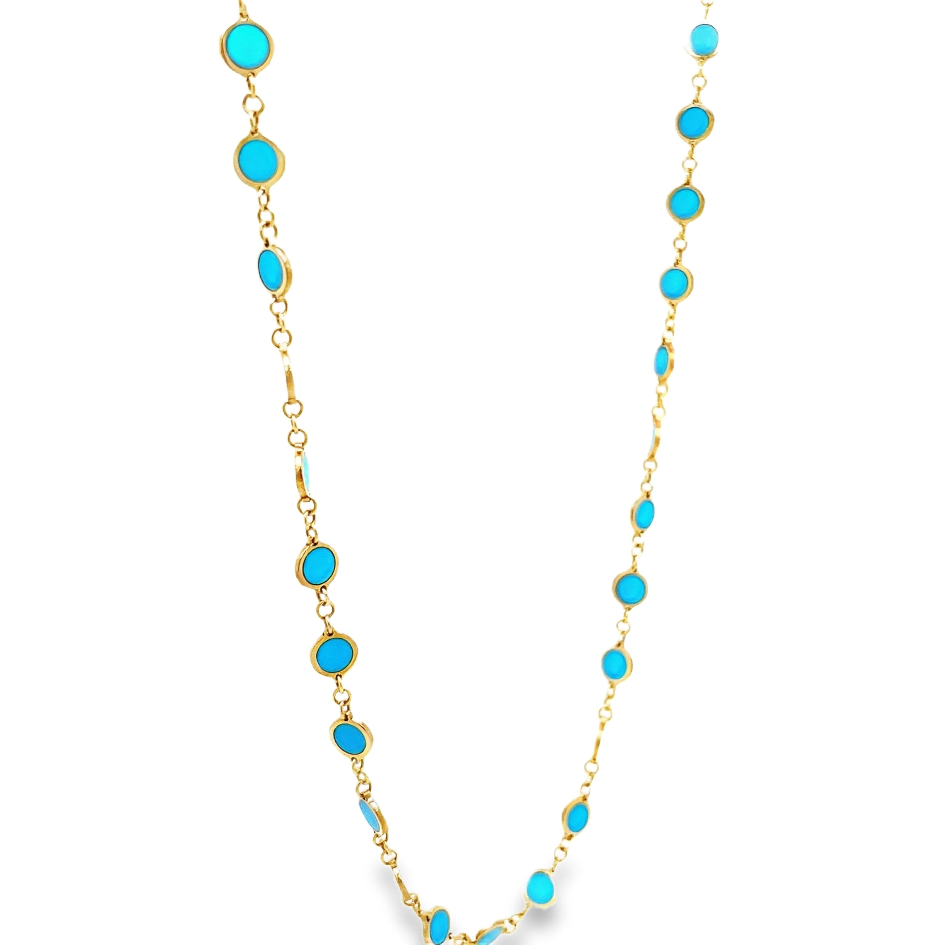 Elevate your style with our Turquoise Disk Necklace. Crafted with 14k yellow gold, this elegant piece features a solid disk suspended on an 18" chain. Adding a touch of sophistication to any ensemble, this necklace is a must-have for any discerning fashionista.