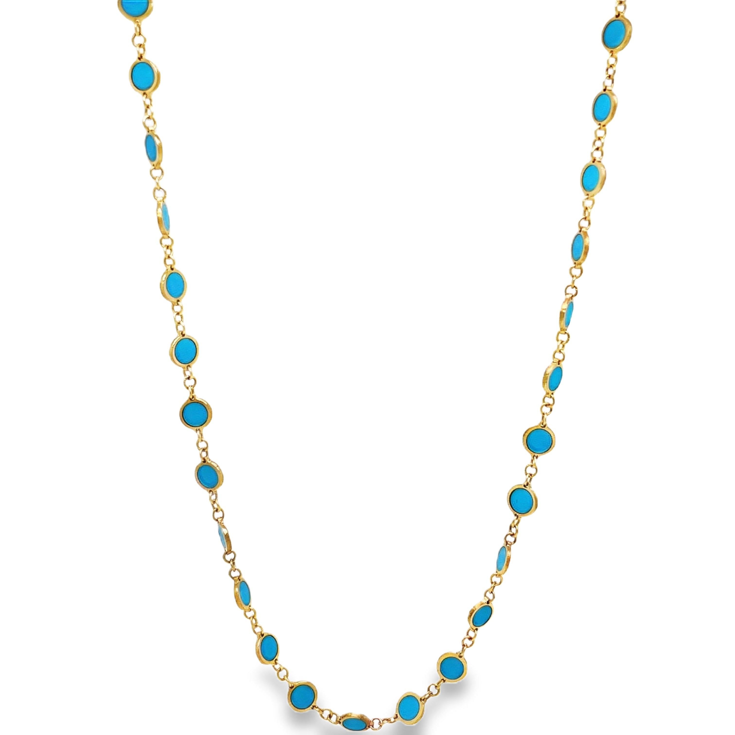 Elevate your style with our Turquoise Disk Necklace. Crafted with 14k yellow gold, this elegant piece features a solid disk suspended on an 18" chain. Adding a touch of sophistication to any ensemble, this necklace is a must-have for any discerning fashionista.