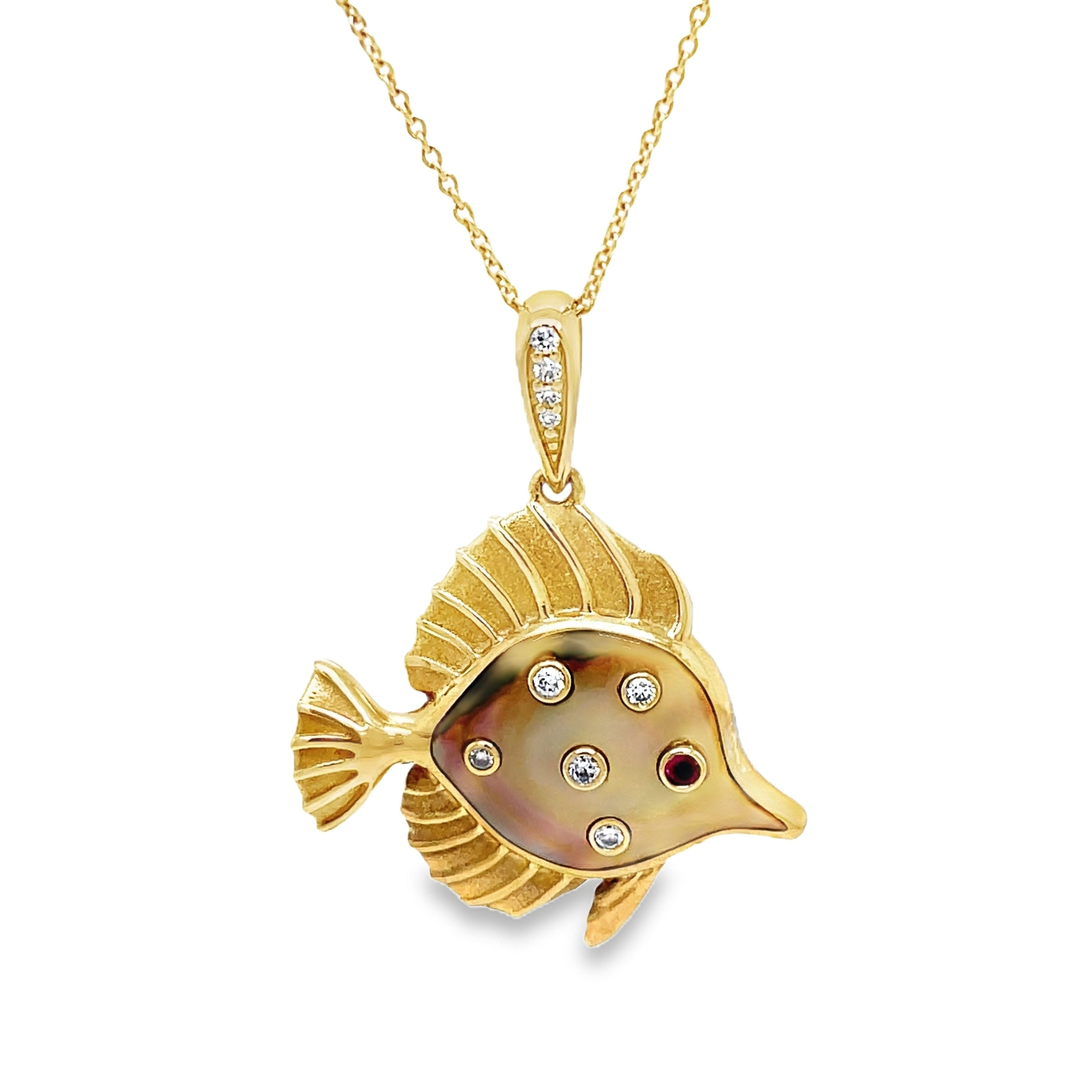 Indulge in sophistication with our 14k Diamond and MOP Fish Pendant Necklace. Crafted from luxurious 14k yellow gold, this necklace features a beautiful MOP fish pendant adorned with round diamonds and a stunning round ruby. Elevate any look with this elegant and exclusive piece.