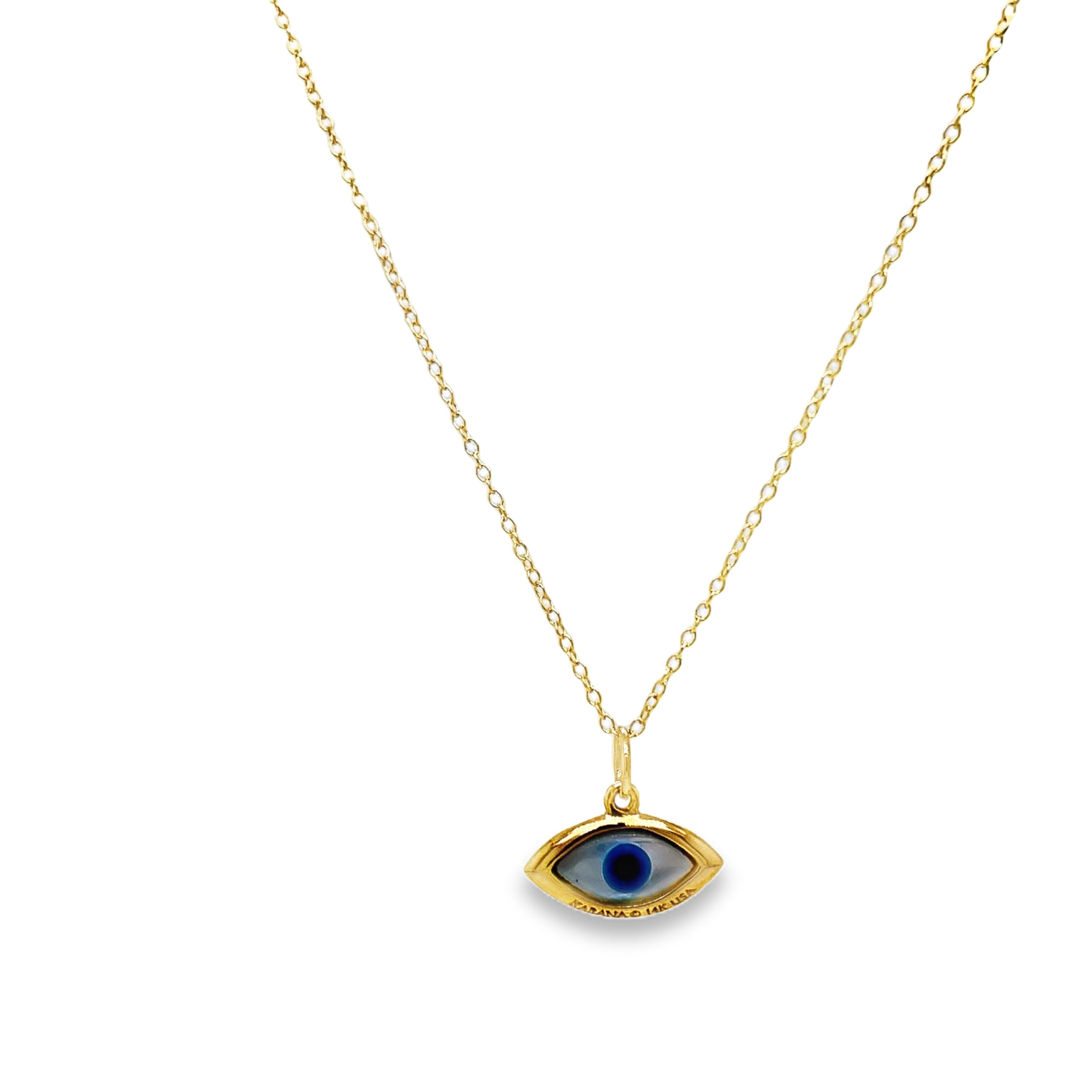 Channel good energy and ward off negativity with our 14k Small Evil Eye Pendant Necklace. Crafted from luxurious yellow gold, this delicate necklace features a small evil eye pendant, symbolizing protection and good luck. Elevate your style and aura with this elegant and exclusive piece.