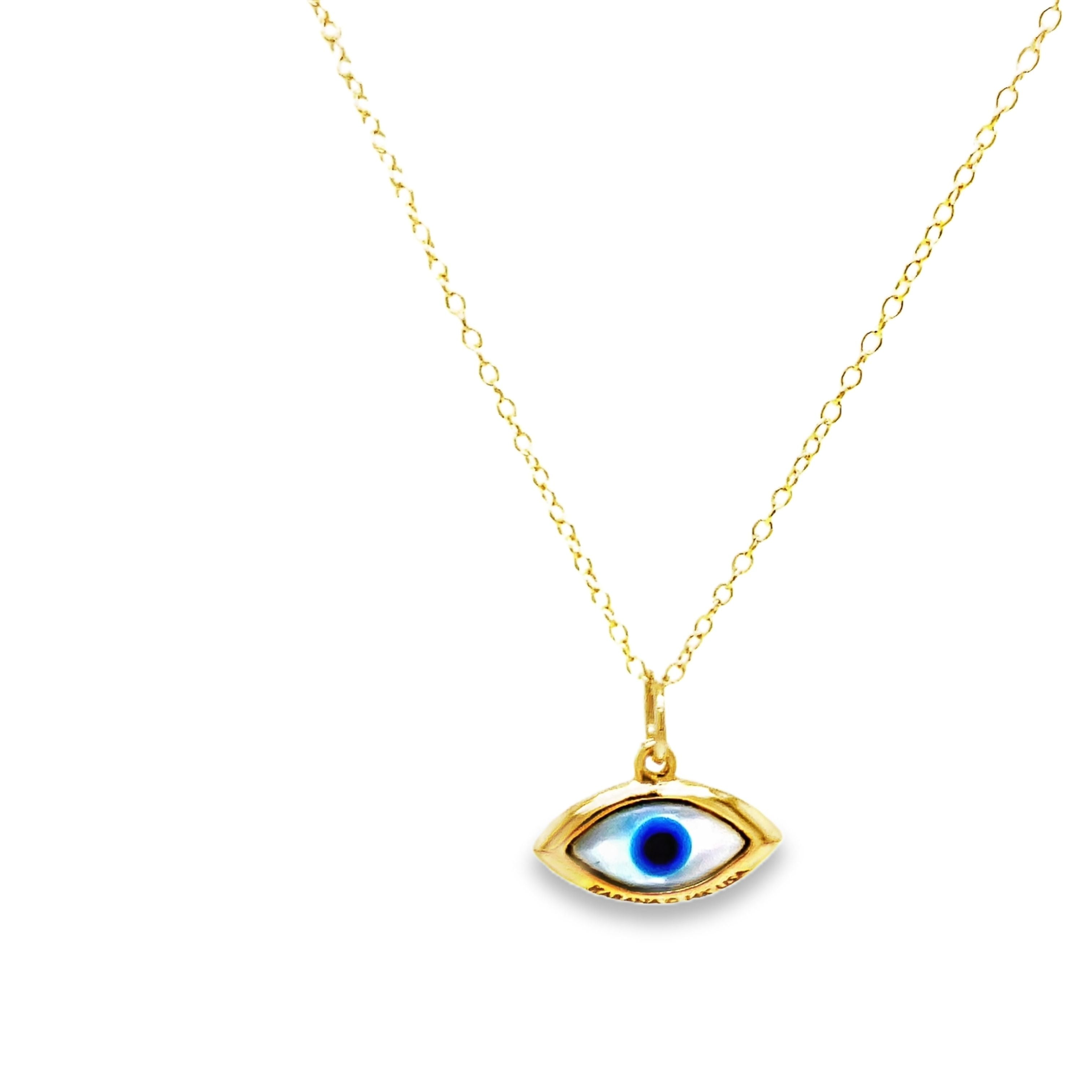 Channel good energy and ward off negativity with our 14k Small Evil Eye Pendant Necklace. Crafted from luxurious yellow gold, this delicate necklace features a small evil eye pendant, symbolizing protection and good luck. Elevate your style and aura with this elegant and exclusive piece.