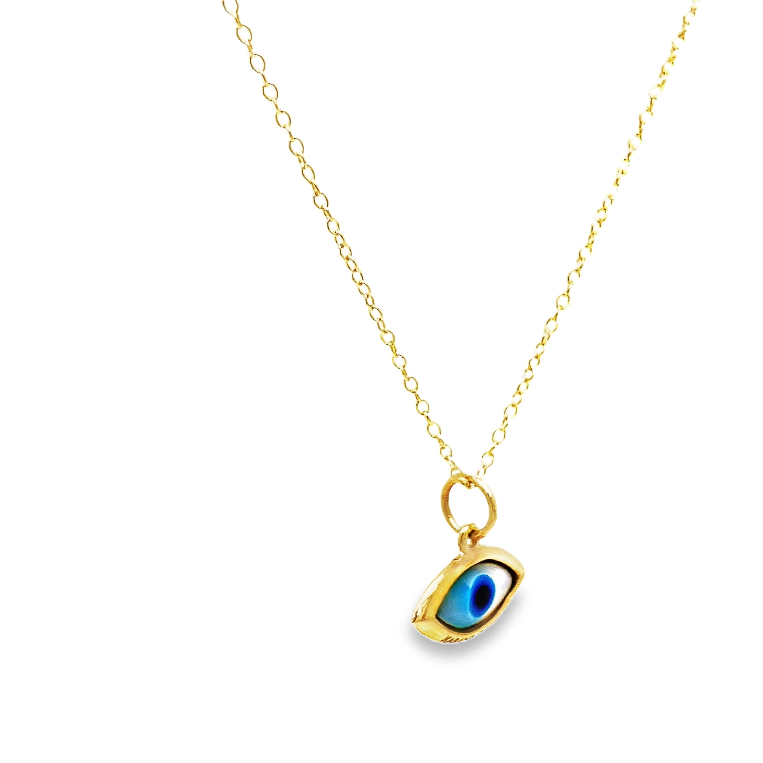 Channel good energy and ward off negativity with our 14k Small Evil Eye Pendant Necklace. Crafted from luxurious yellow gold, this delicate necklace features a small evil eye pendant, symbolizing protection and good luck. Elevate your style and aura with this elegant and exclusive piece.