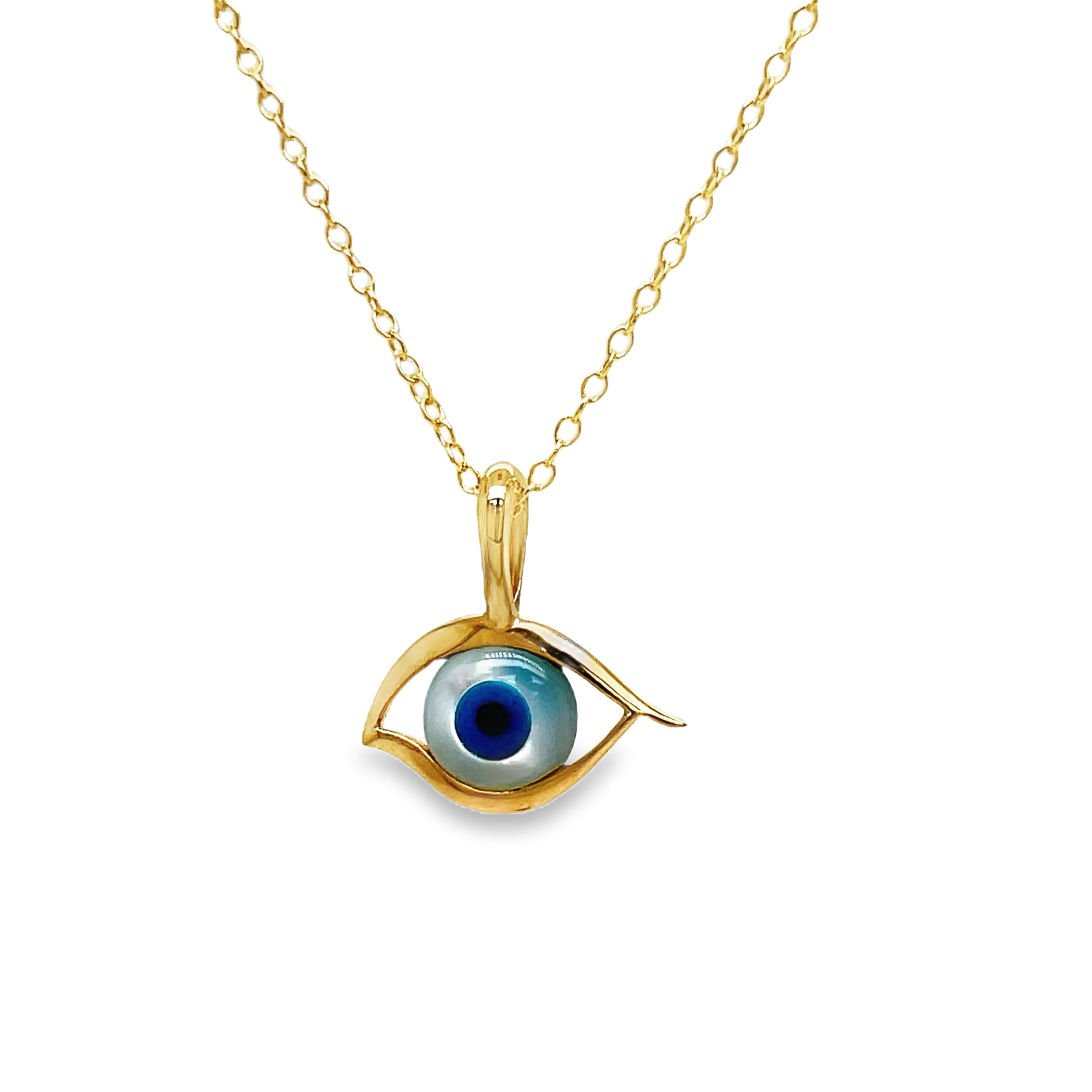 ndulge in elegance with our 14k Round Evil Eye Pendant Necklace. Handcrafted from luxurious 14k yellow gold, this necklace features a mesmerizing round evil eye pendant that will add a touch of sophistication to any outfit. Protect yourself from negative energies while exuding style and grace. A must-have for any fashion-forward individual.