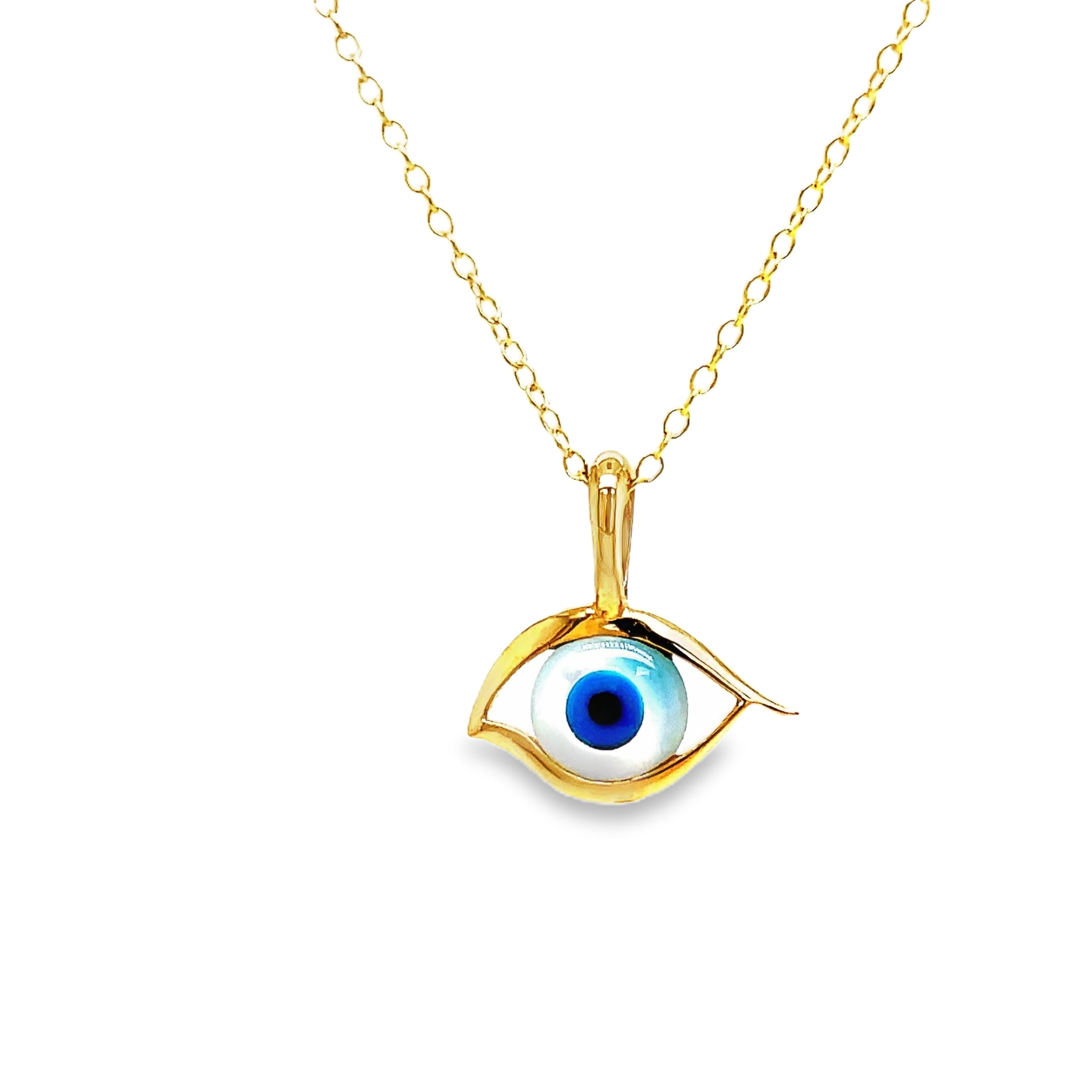 ndulge in elegance with our 14k Round Evil Eye Pendant Necklace. Handcrafted from luxurious 14k yellow gold, this necklace features a mesmerizing round evil eye pendant that will add a touch of sophistication to any outfit. Protect yourself from negative energies while exuding style and grace. A must-have for any fashion-forward individual.